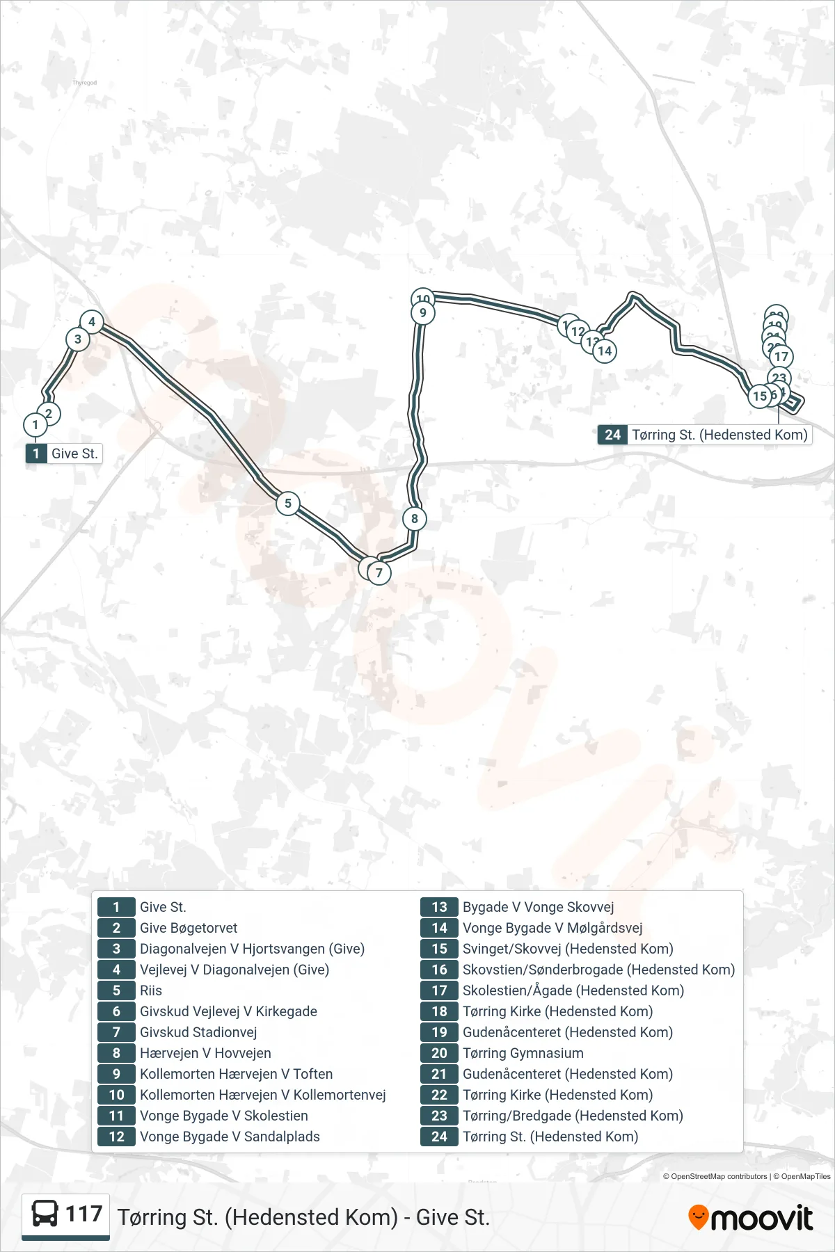117 bus Linje (Tørring St. (Hedensted Kom)) rute og stop på et kort