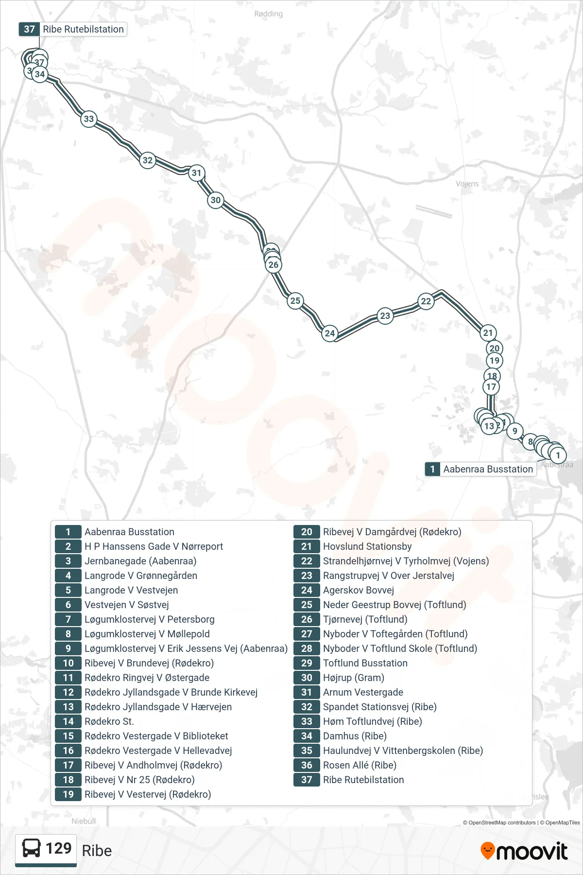 129 bus Linje (Ribe) rute og stop på et kort