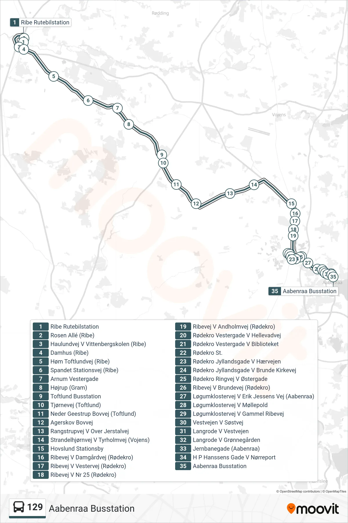 129 bus Linje (Aabenraa Busstation) rute og stop på et kort