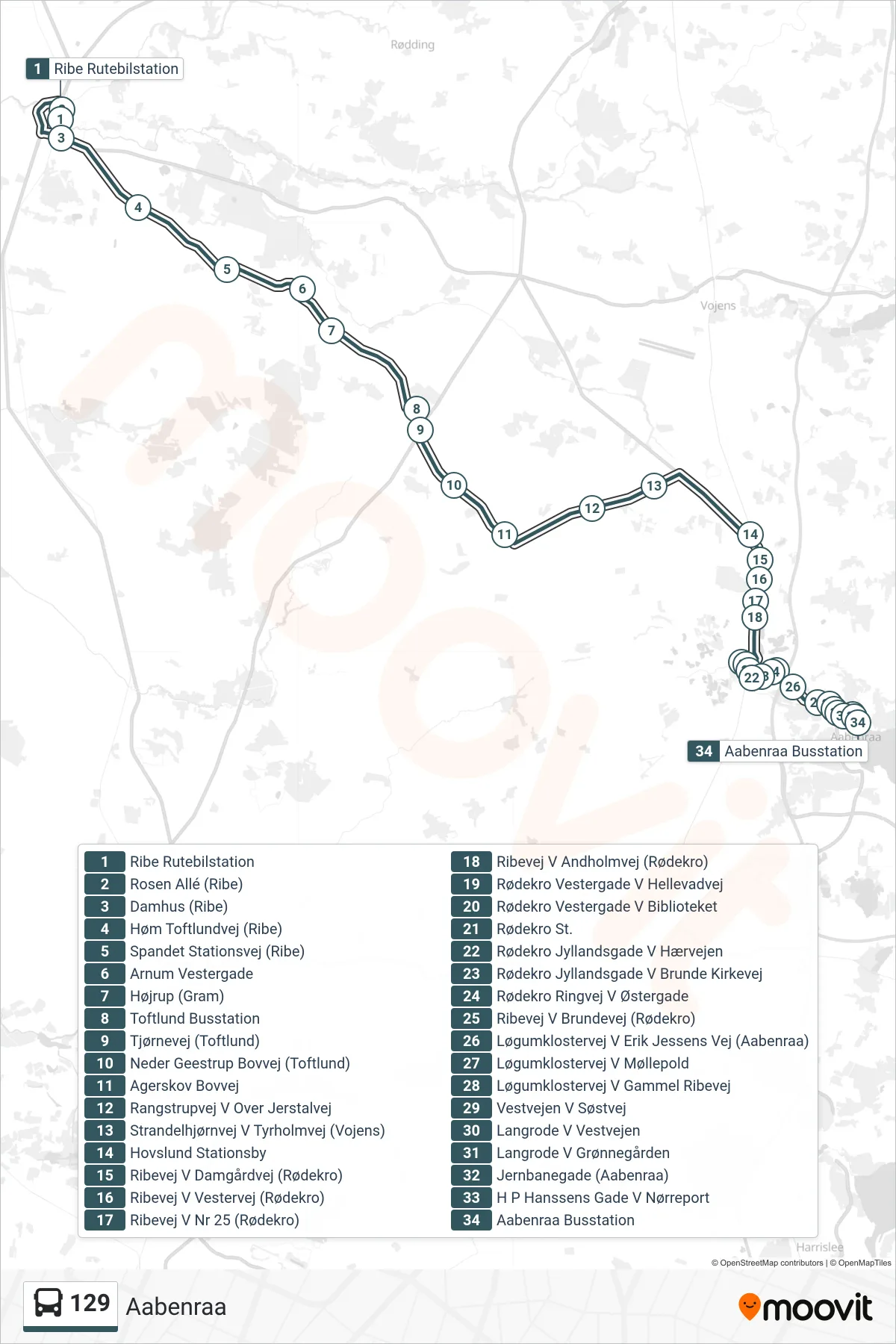 129 bus Linje (Aabenraa) rute og stop på et kort