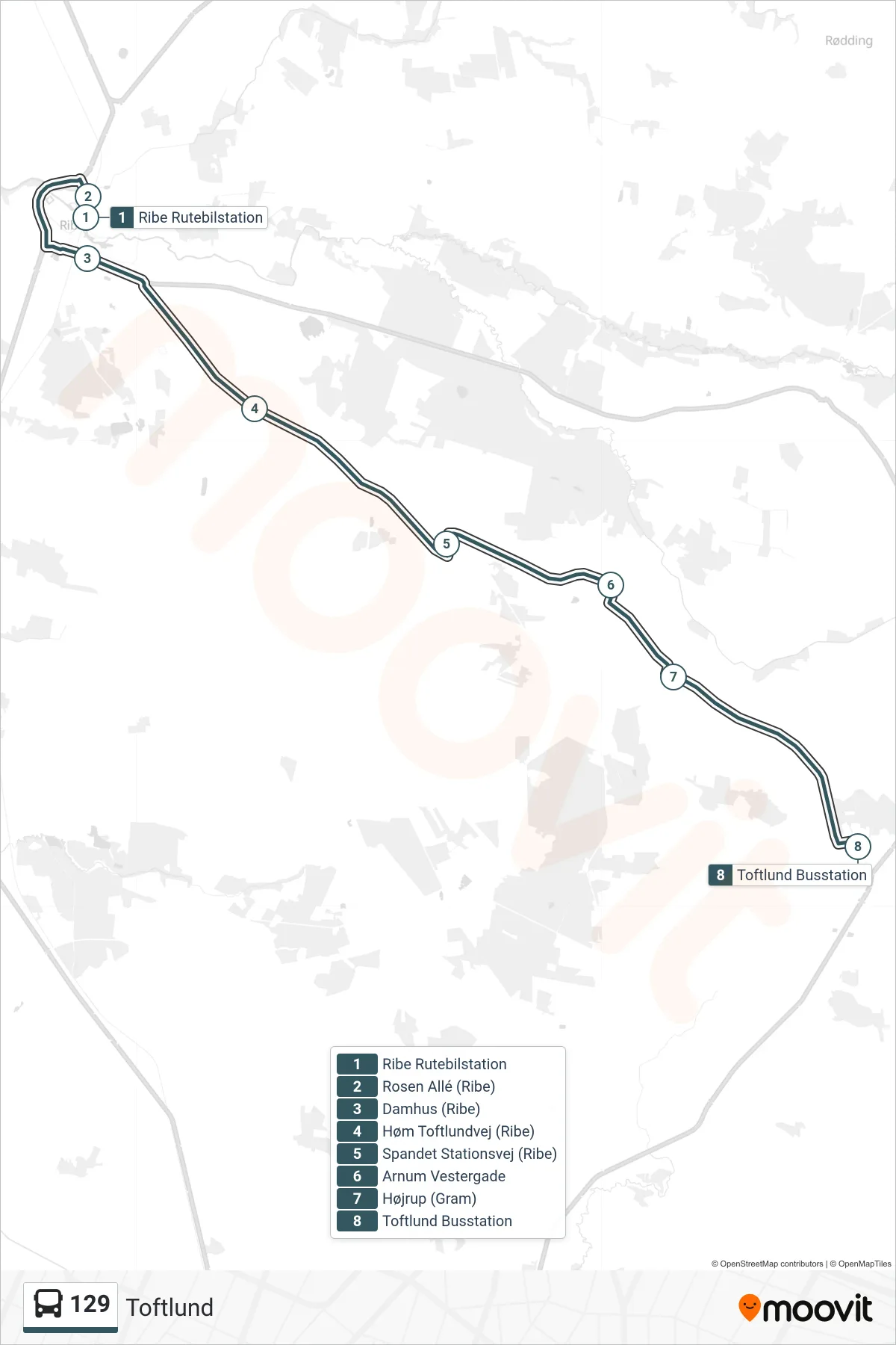 129 bus Linje (Toftlund) rute og stop på et kort