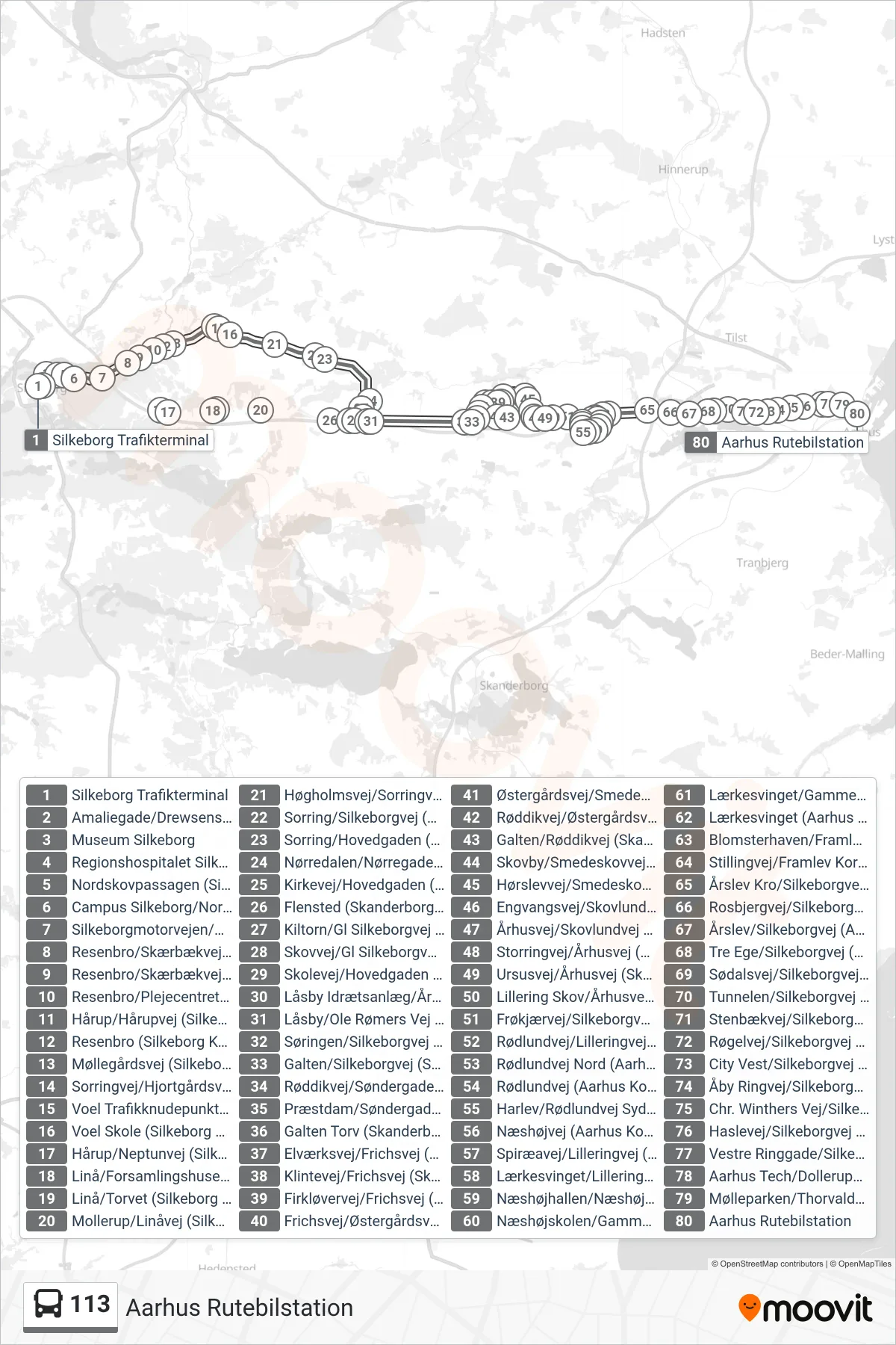 113 bus Linje (Aarhus Rutebilstation) rute og stop på et kort