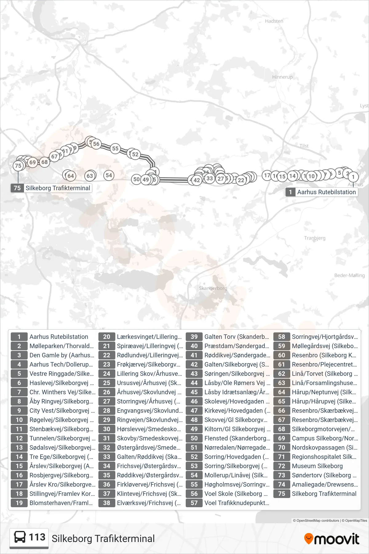 113 bus Linje (Silkeborg Trafikterminal) rute og stop på et kort