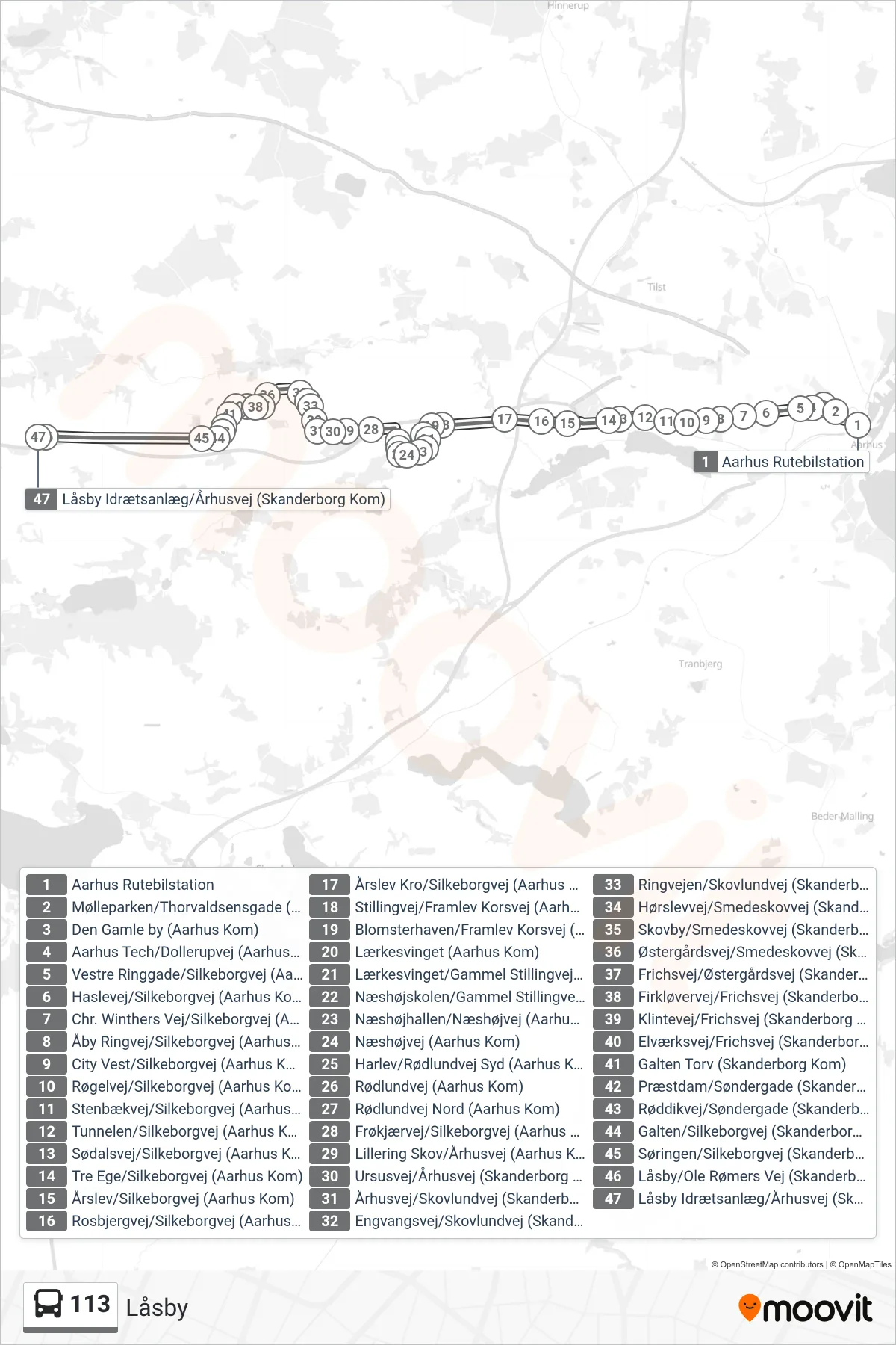 113 bus Linje (Låsby) rute og stop på et kort