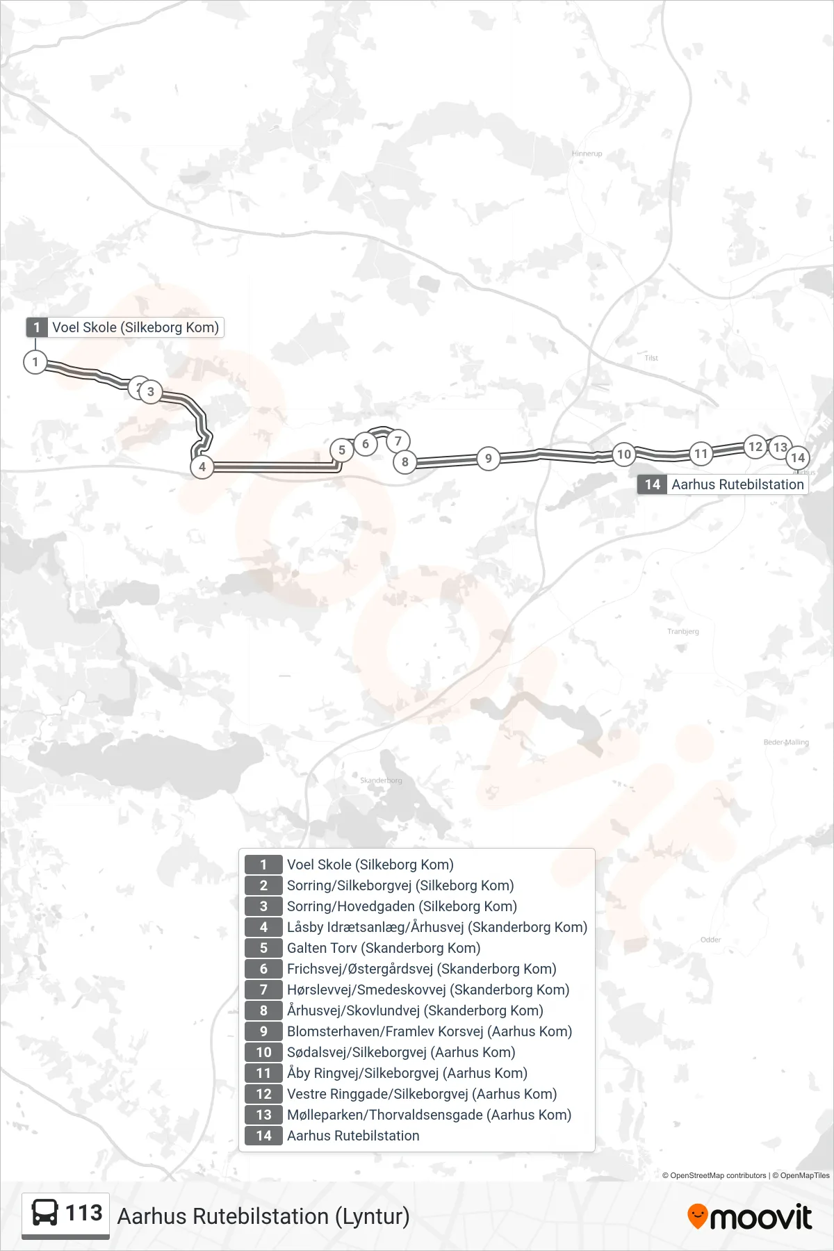 113 bus Linje (Aarhus Rutebilstation (Lyntur)) rute og stop på et kort