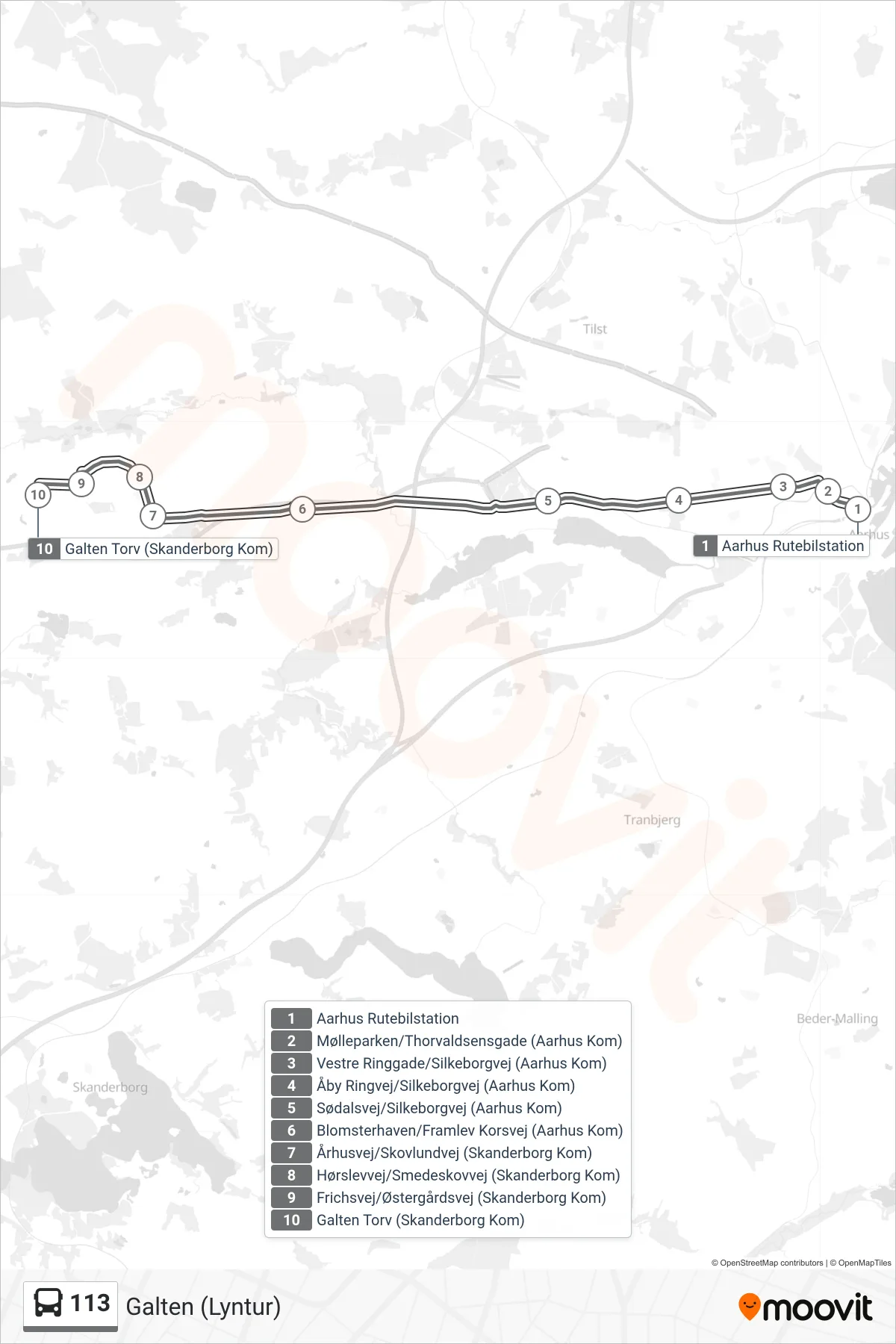 113 bus Linje (Galten (Lyntur)) rute og stop på et kort
