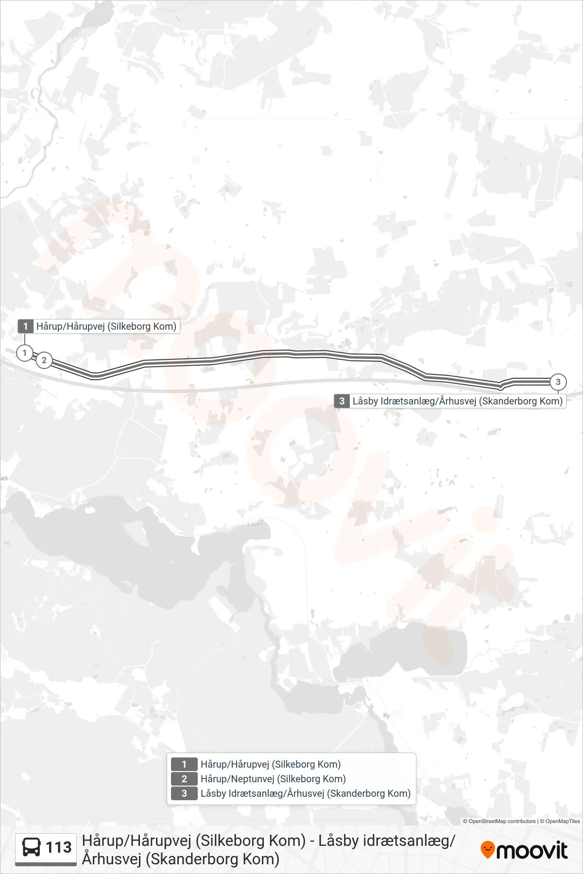 113 bus Linje (Låsby) rute og stop på et kort