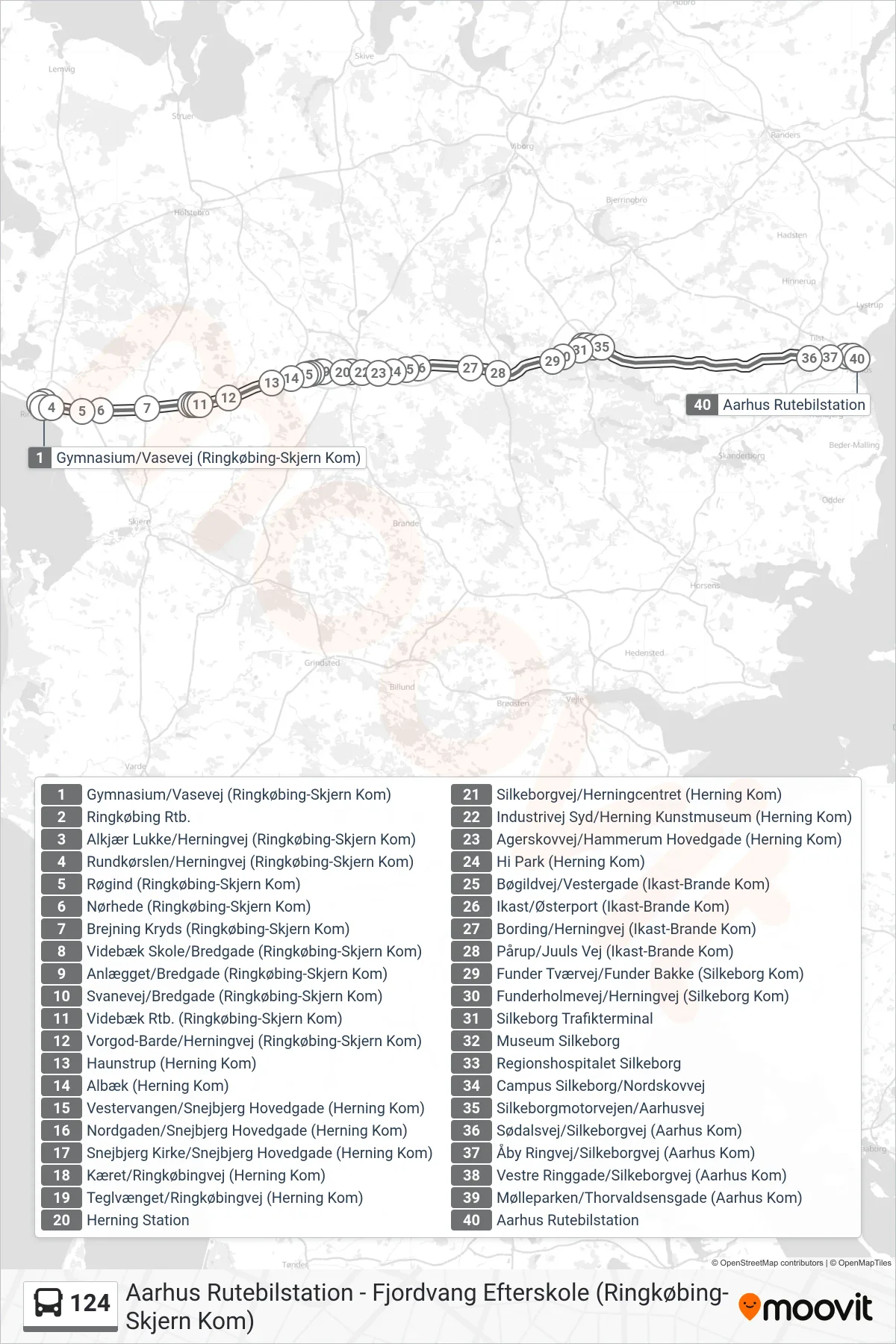 124 bus Linje (Aarhus Rutebilstation) rute og stop på et kort