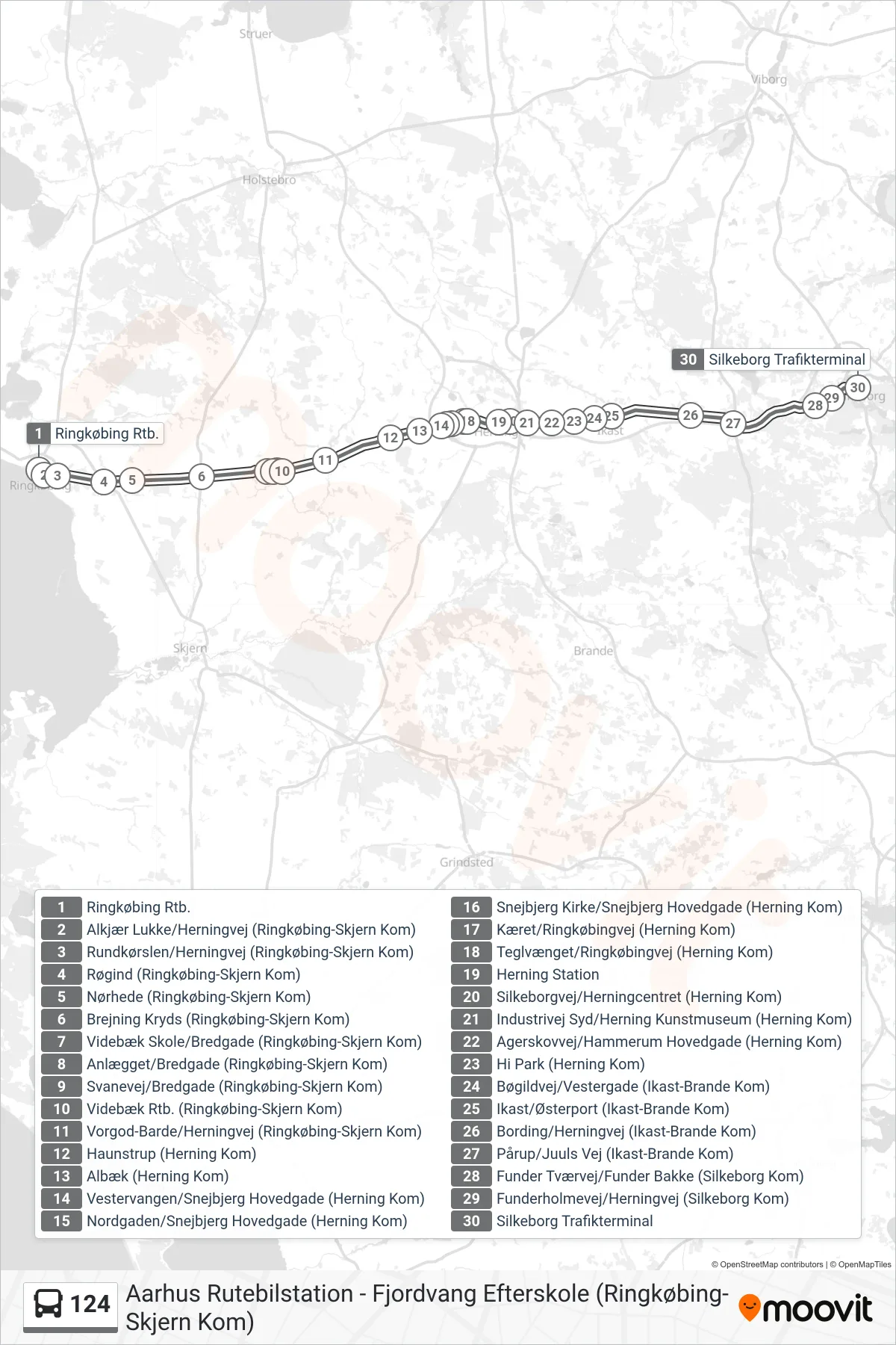 124 bus Linje (Silkeborg) rute og stop på et kort