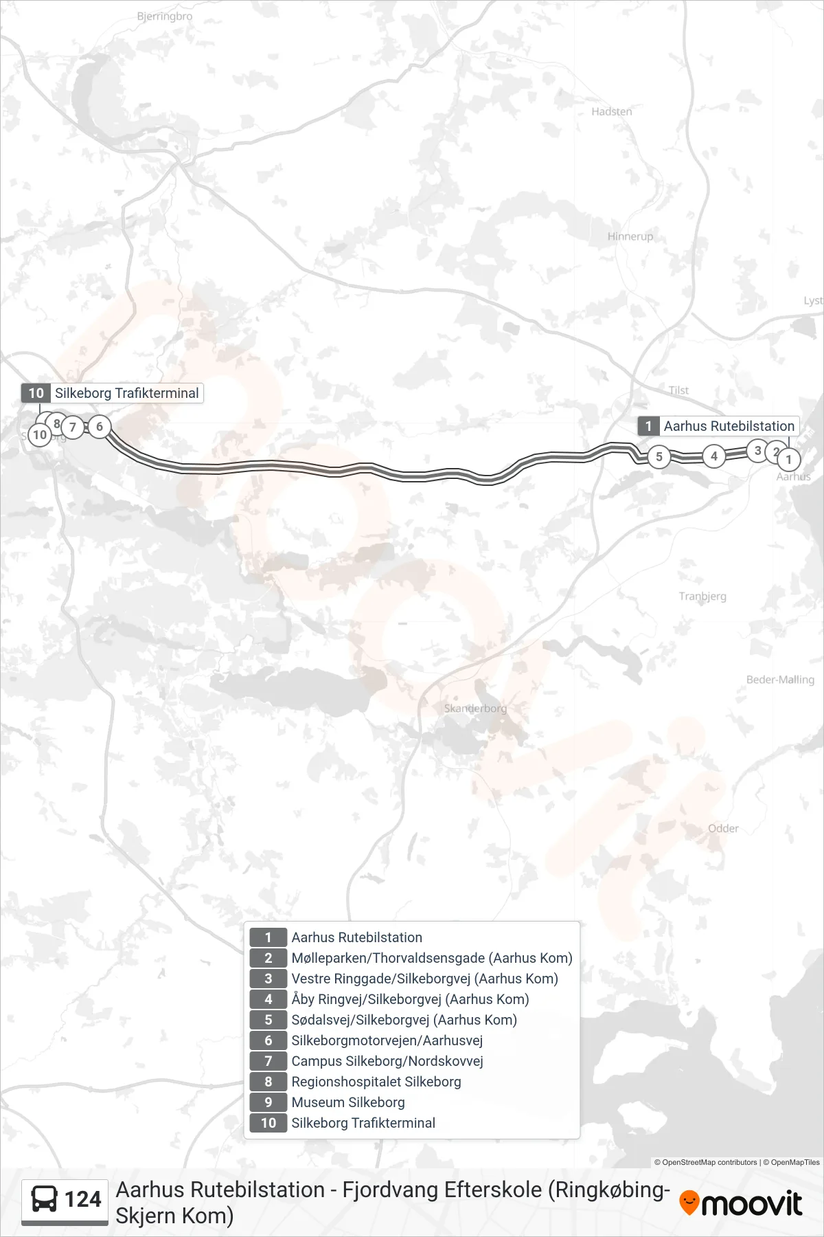 124 bus Linje (Silkeborg) rute og stop på et kort