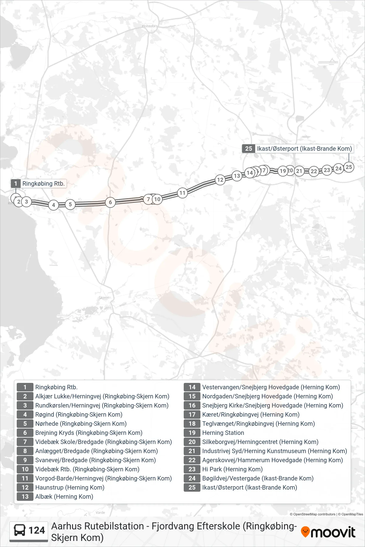 124 bus Line (Ikast) route and stops on a map