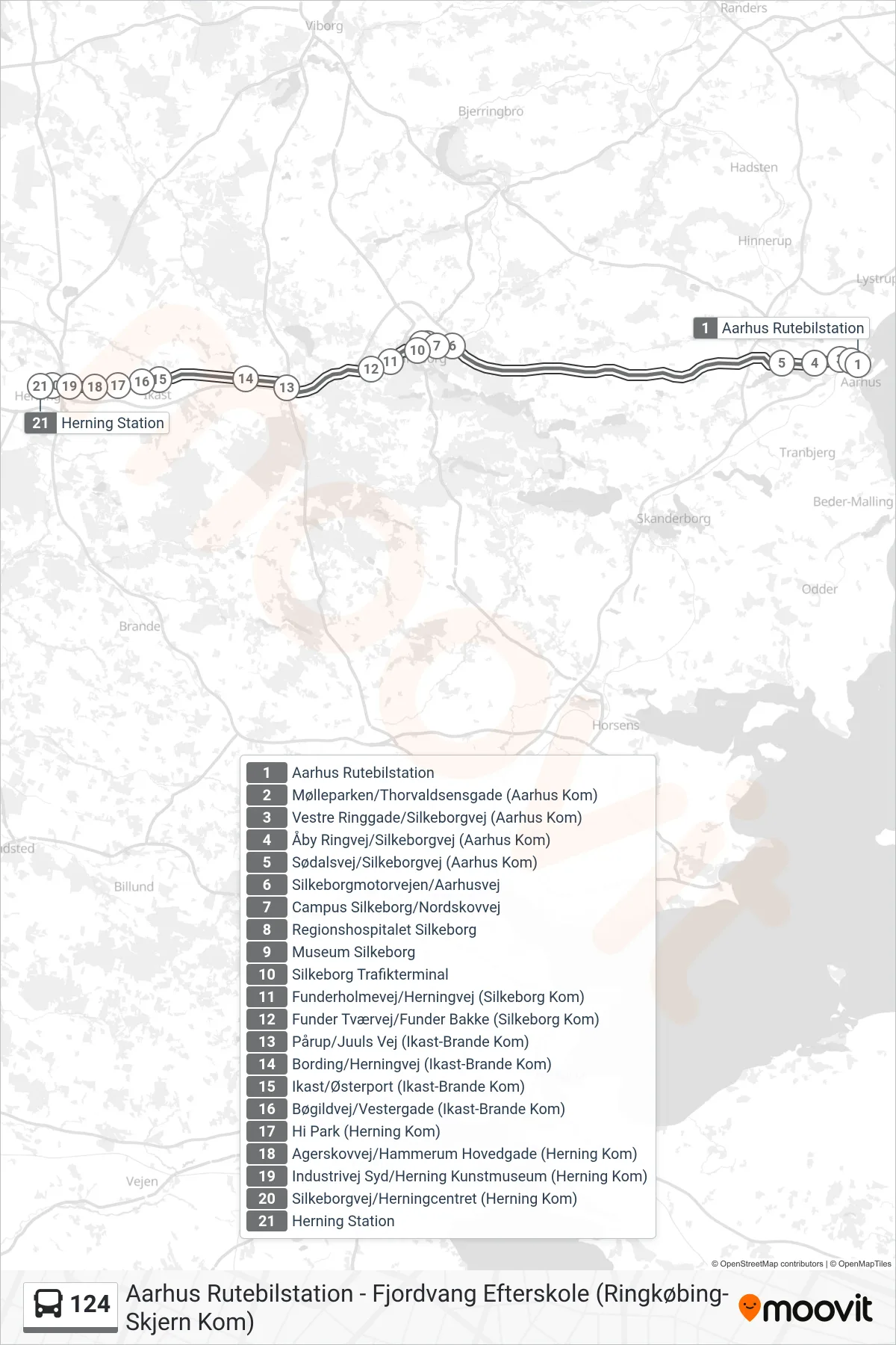 124 bus Linje (Herning Station) rute og stop på et kort