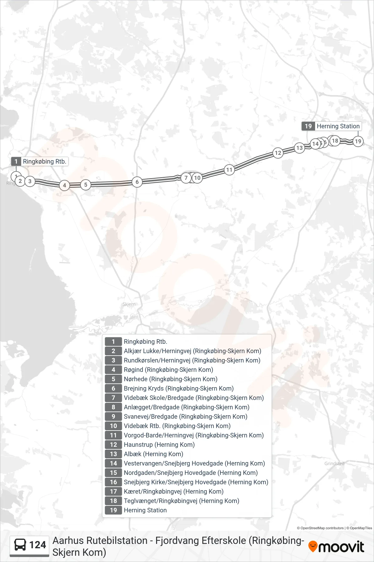 124 bus Linje (Herning Station) rute og stop på et kort