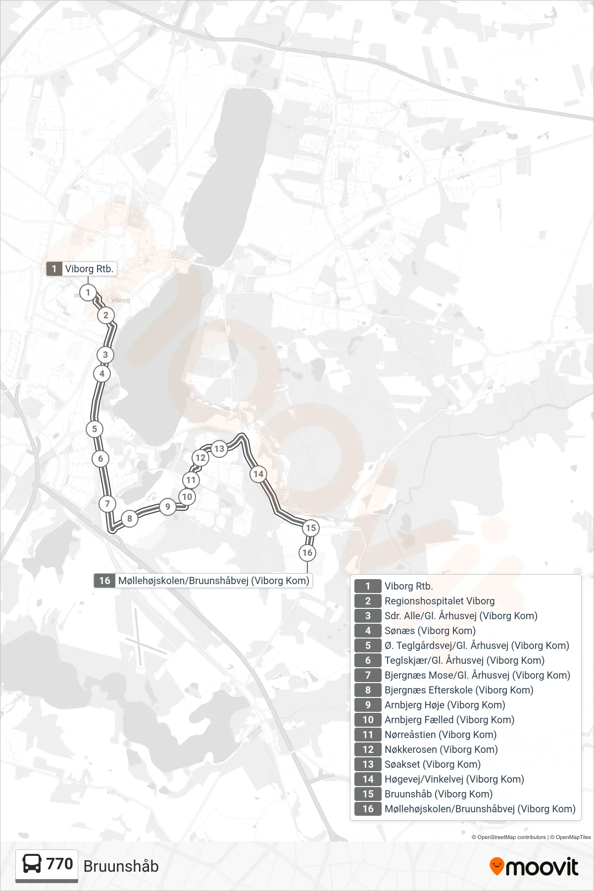 770 bus Linje (Bruunshåb) rute og stop på et kort