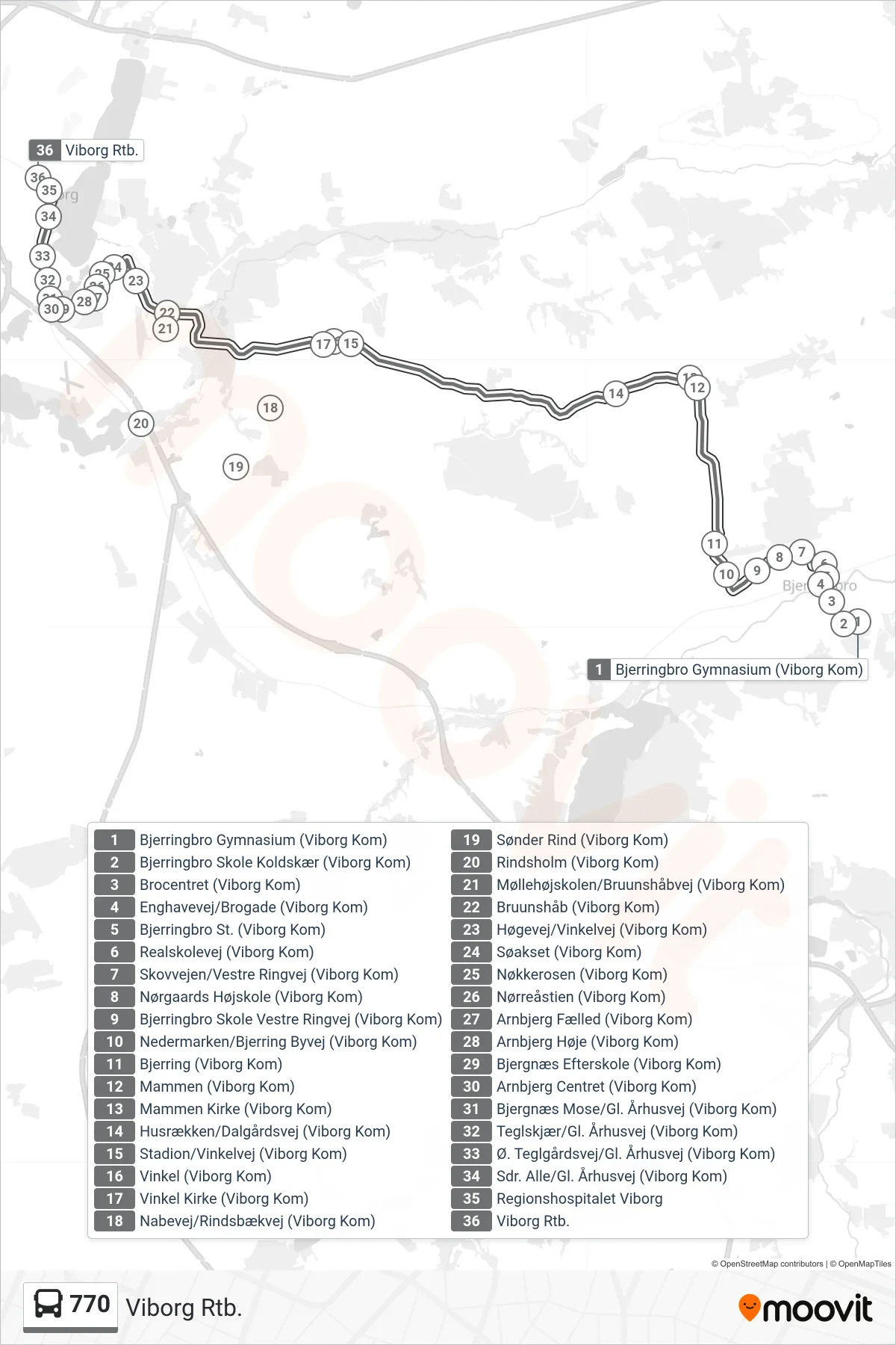 770 bus Linje (Viborg Rtb.) rute og stop på et kort