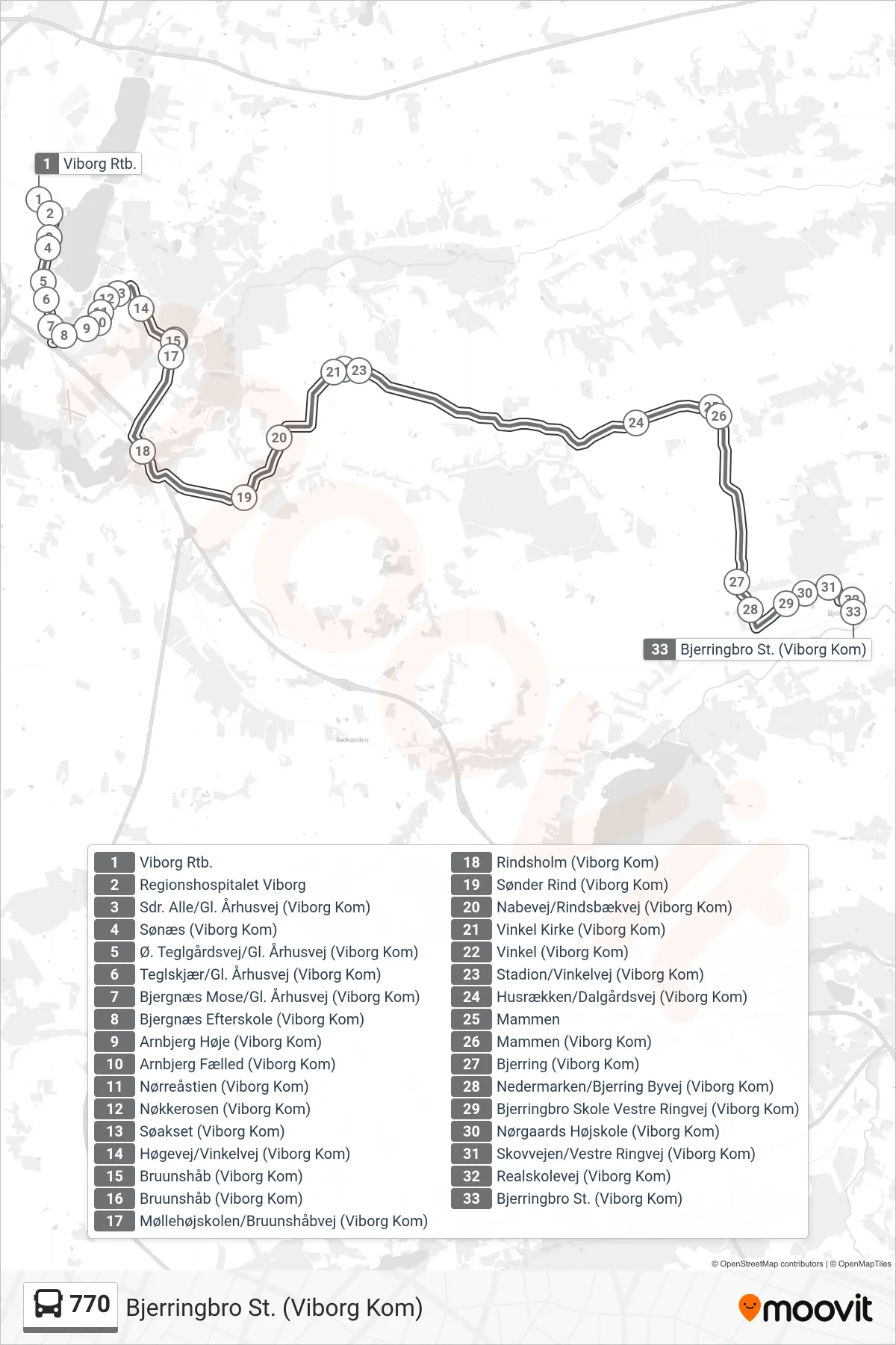 770 bus Linje (Bjerringbro St. (Viborg Kom)) rute og stop på et kort