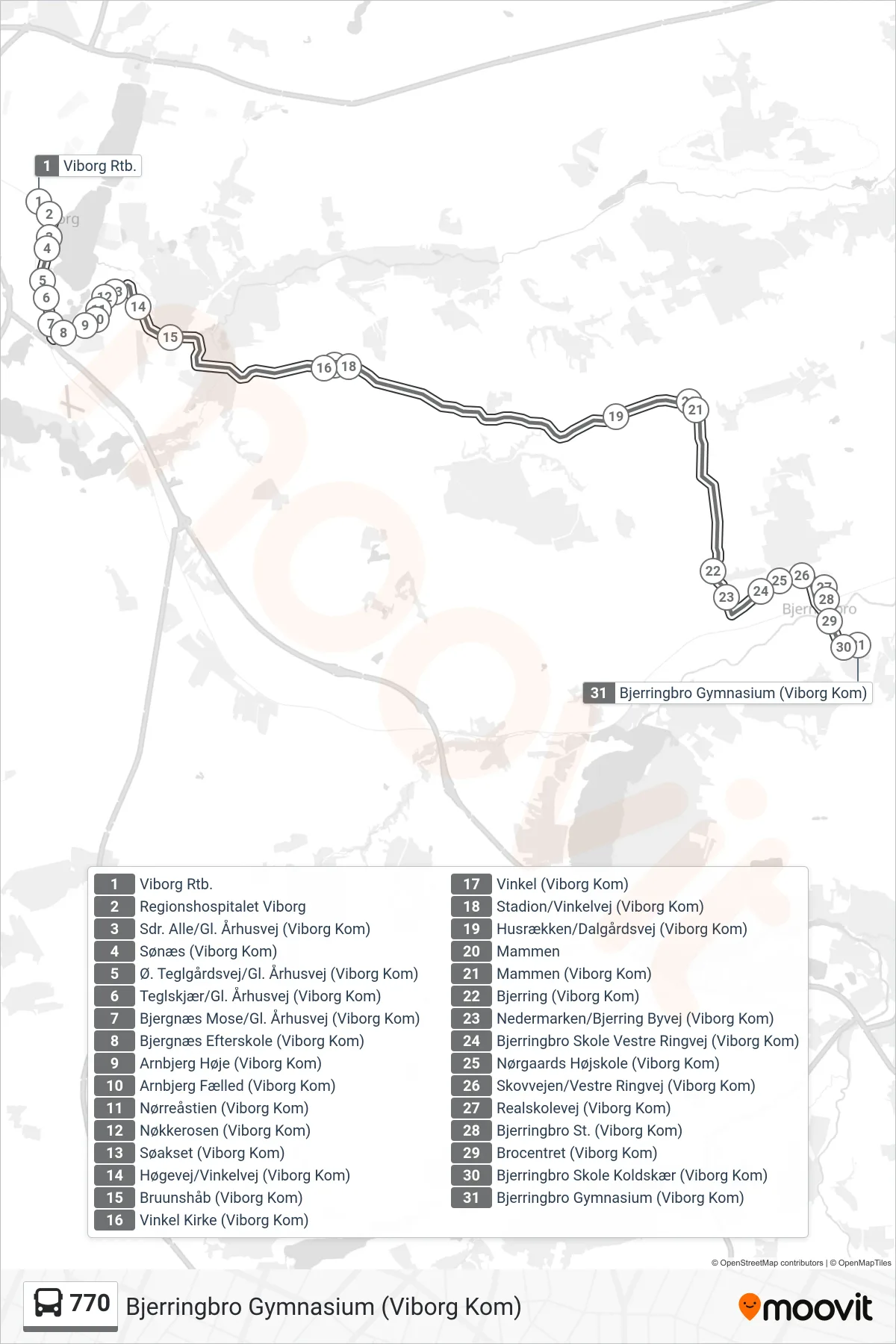 770 bus Linje (Bjerringbro Gymnasium (Viborg Kom)) rute og stop på et kort