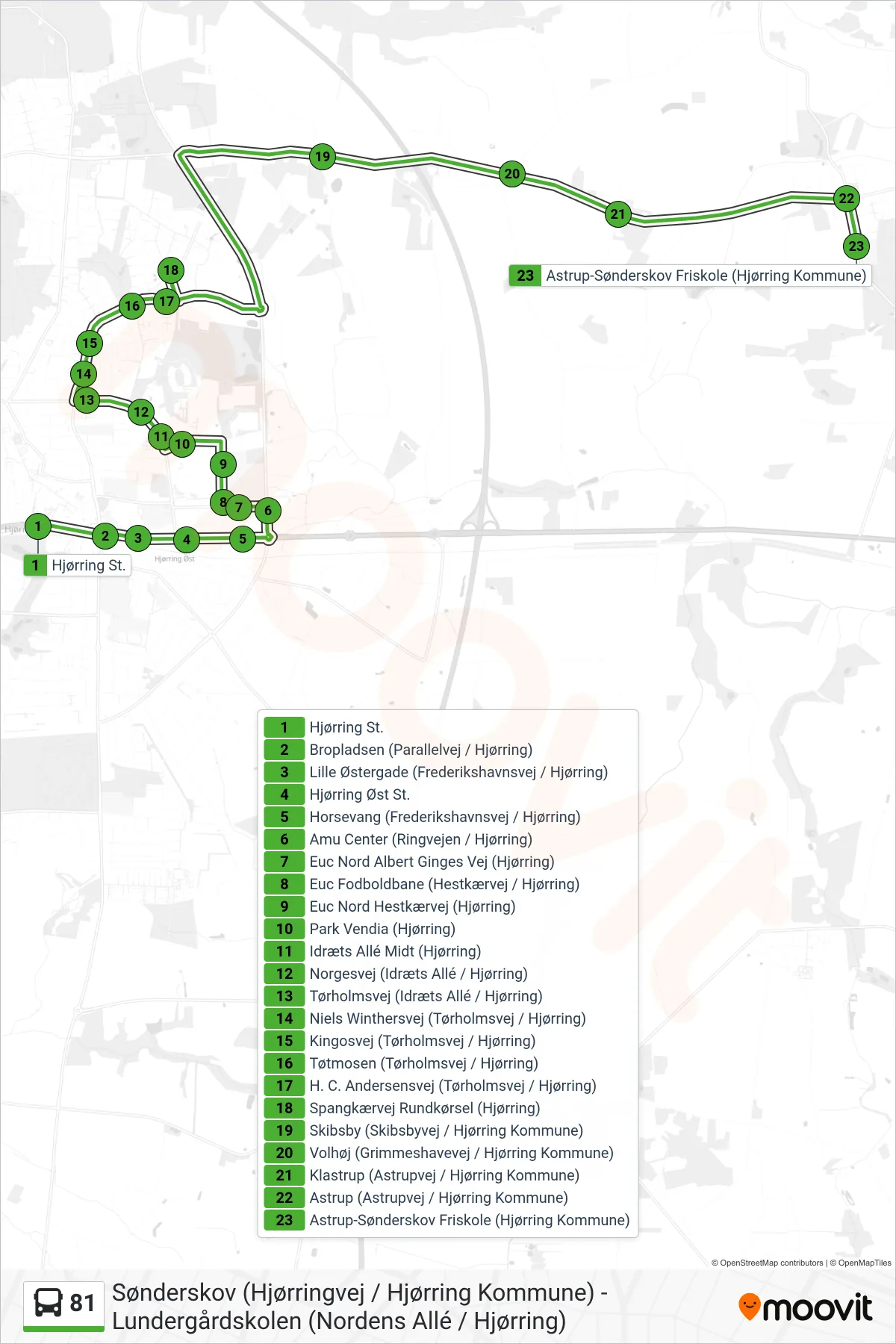 81 bus Linje (Astrup) rute og stop på et kort