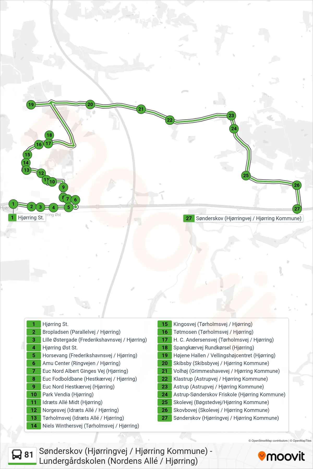 81 bus Linje (Sønderskov) rute og stop på et kort