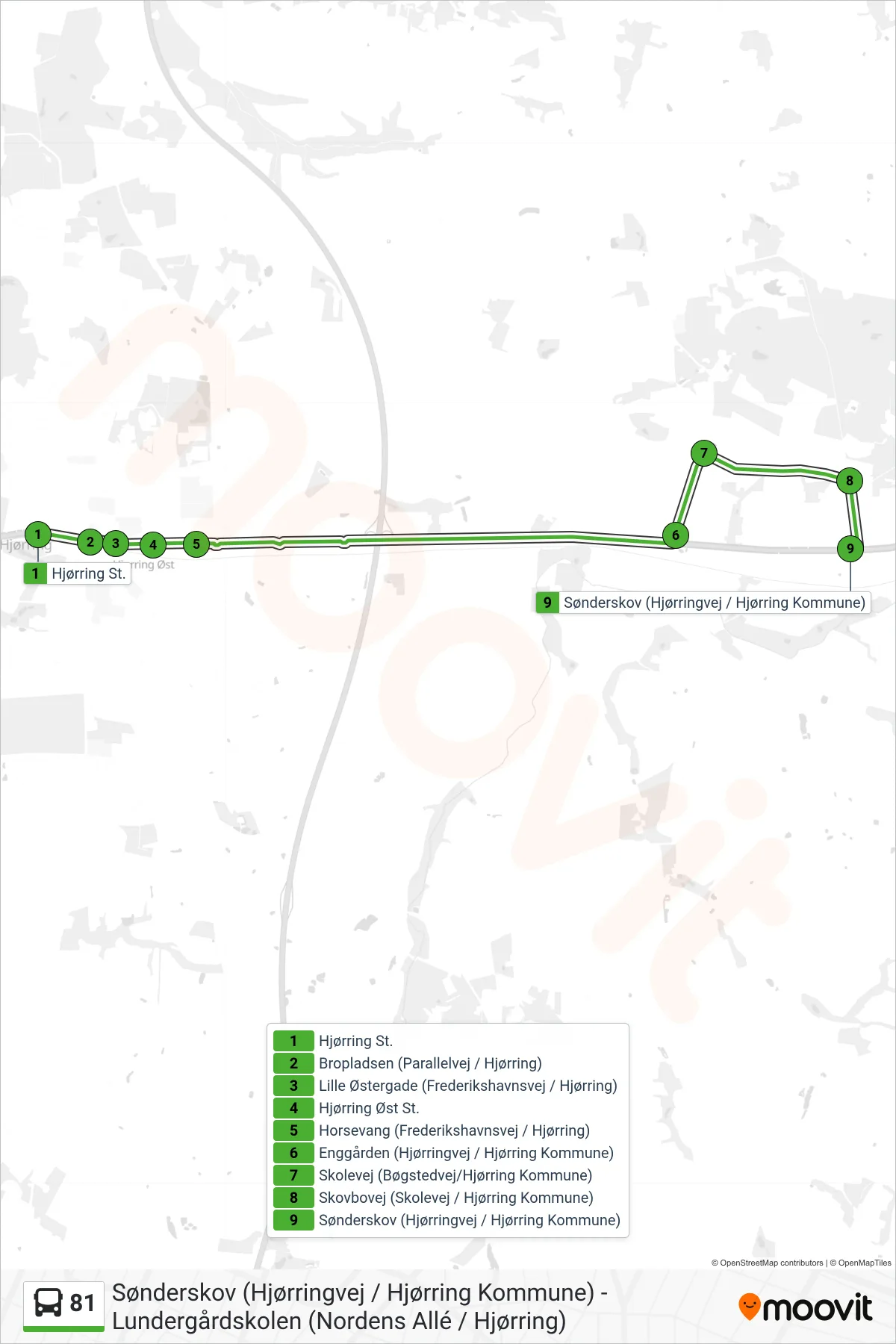81 bus Linje (Sønderskov (Hjørringvej / Hjørring Kommune)) rute og stop på et kort