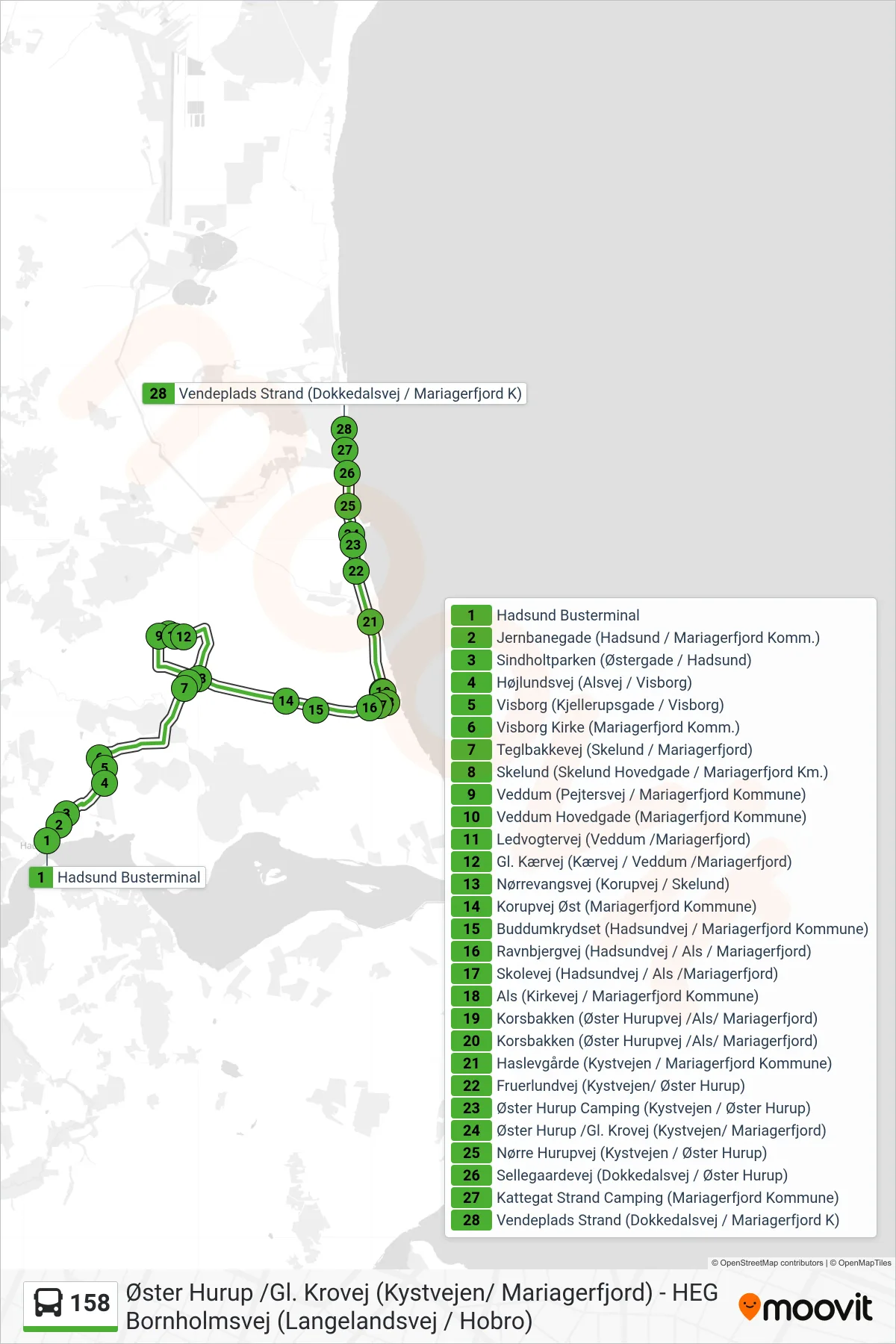 158 bus Linje (Kattegat Strand Camping) rute og stop på et kort