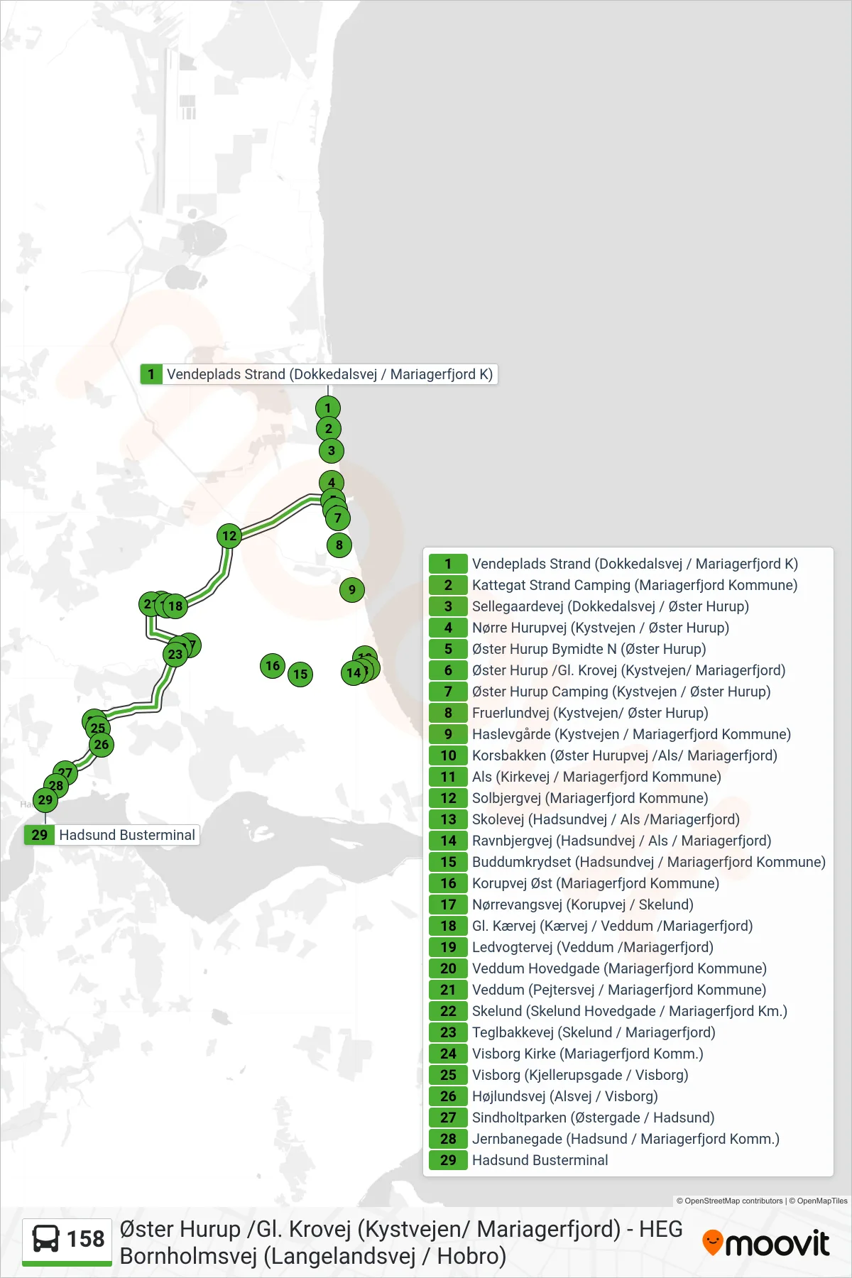 158 bus Linje (Hadsund) rute og stop på et kort
