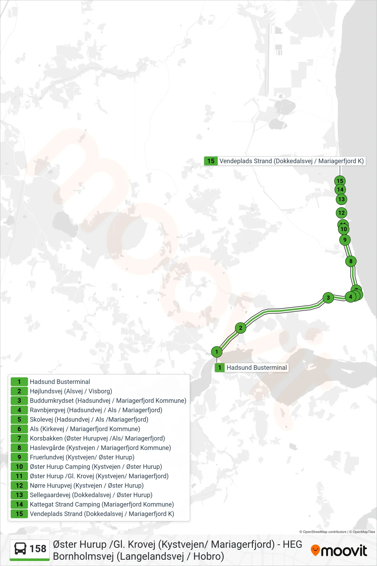 158 bus Linje (Hadsund) rute og stop på et kort
