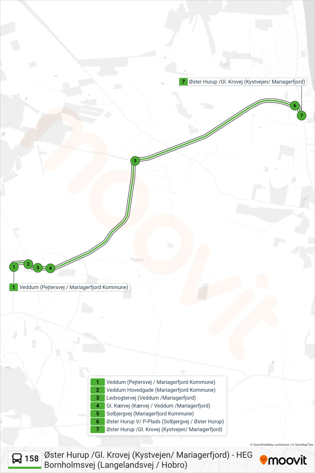 158 bus Linje (Øster Hurup /Gl. Krovej (Kystvejen/ Mariagerfjord)) rute og stop på et kort