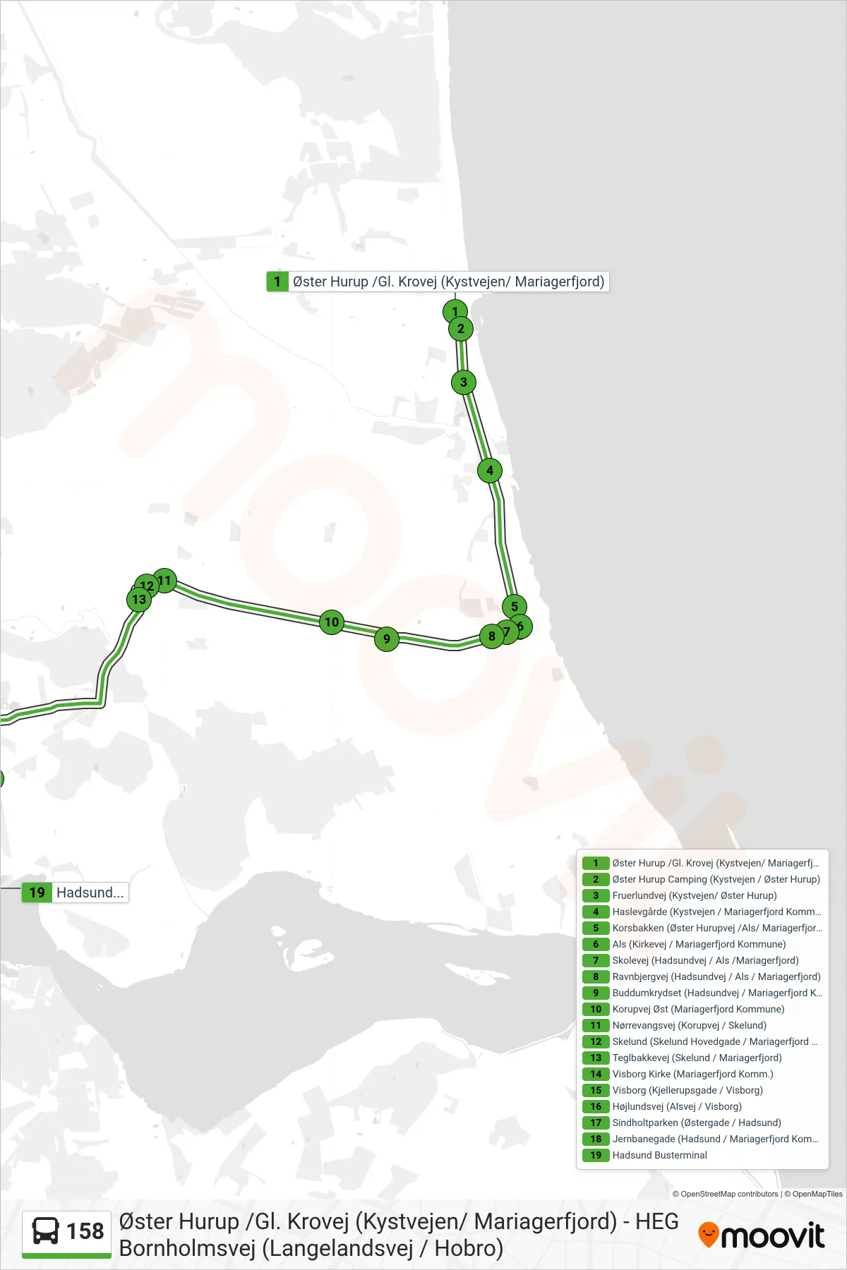 158 bus Linje (Hadsund Busterminal) rute og stop på et kort