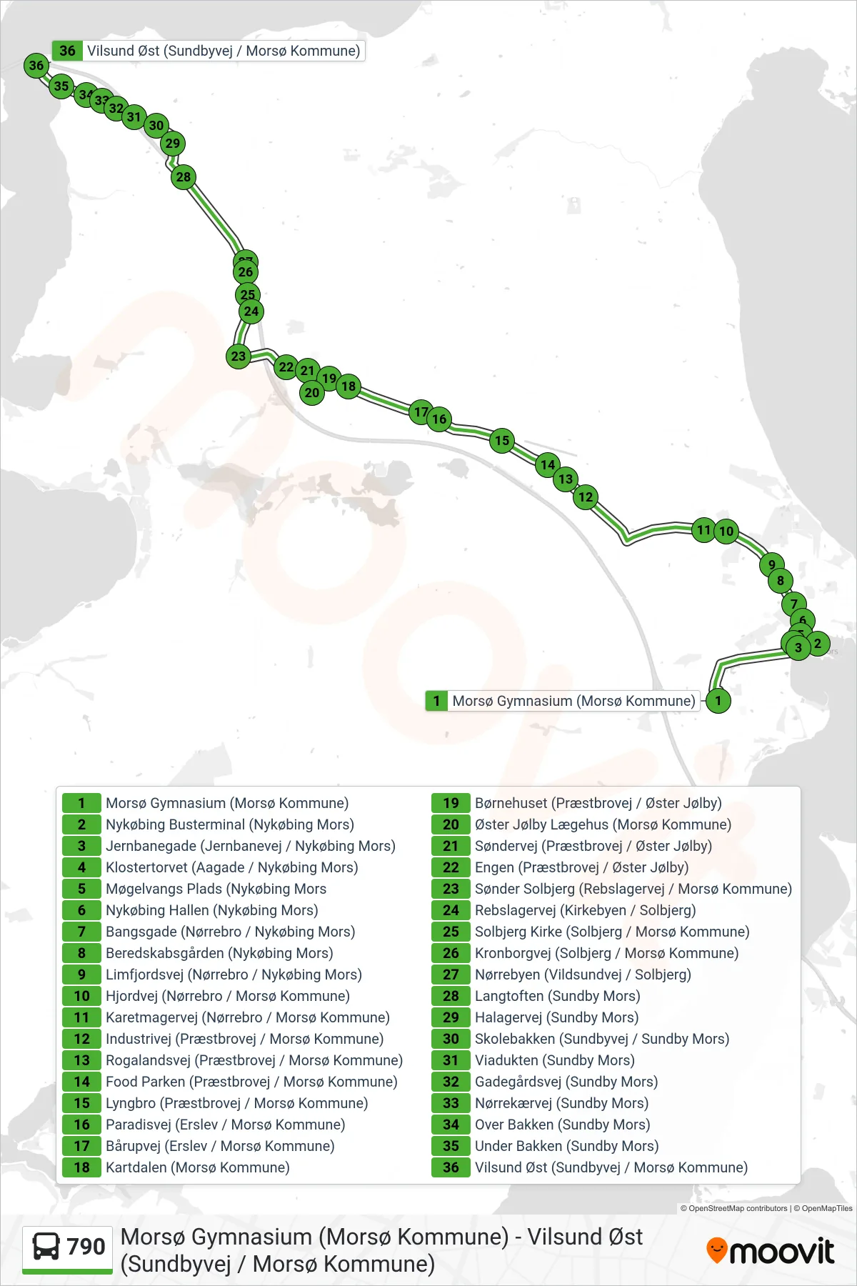 790 bus Line (Vilsund (Fortsætter Til Thisted)) route and stops on a map