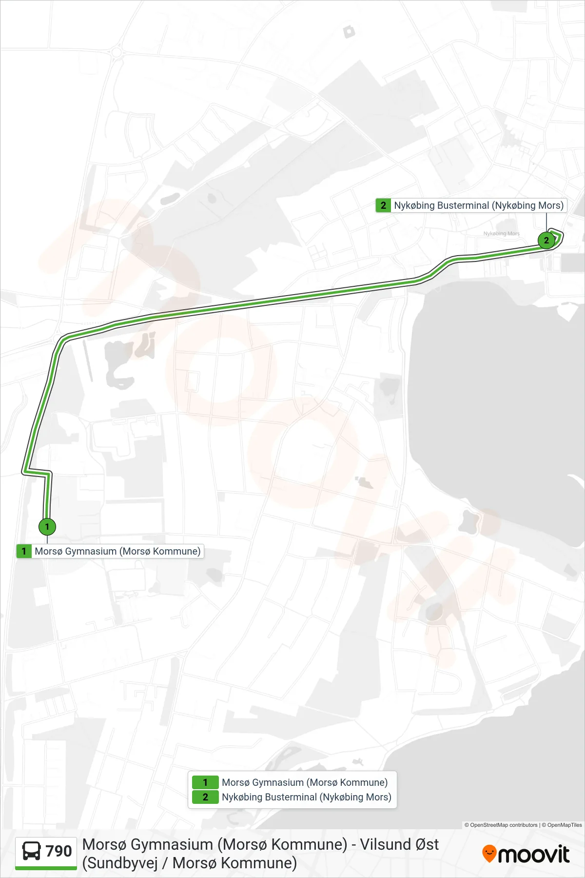 790 bus Linje (Nykøbing Busterminal) rute og stop på et kort