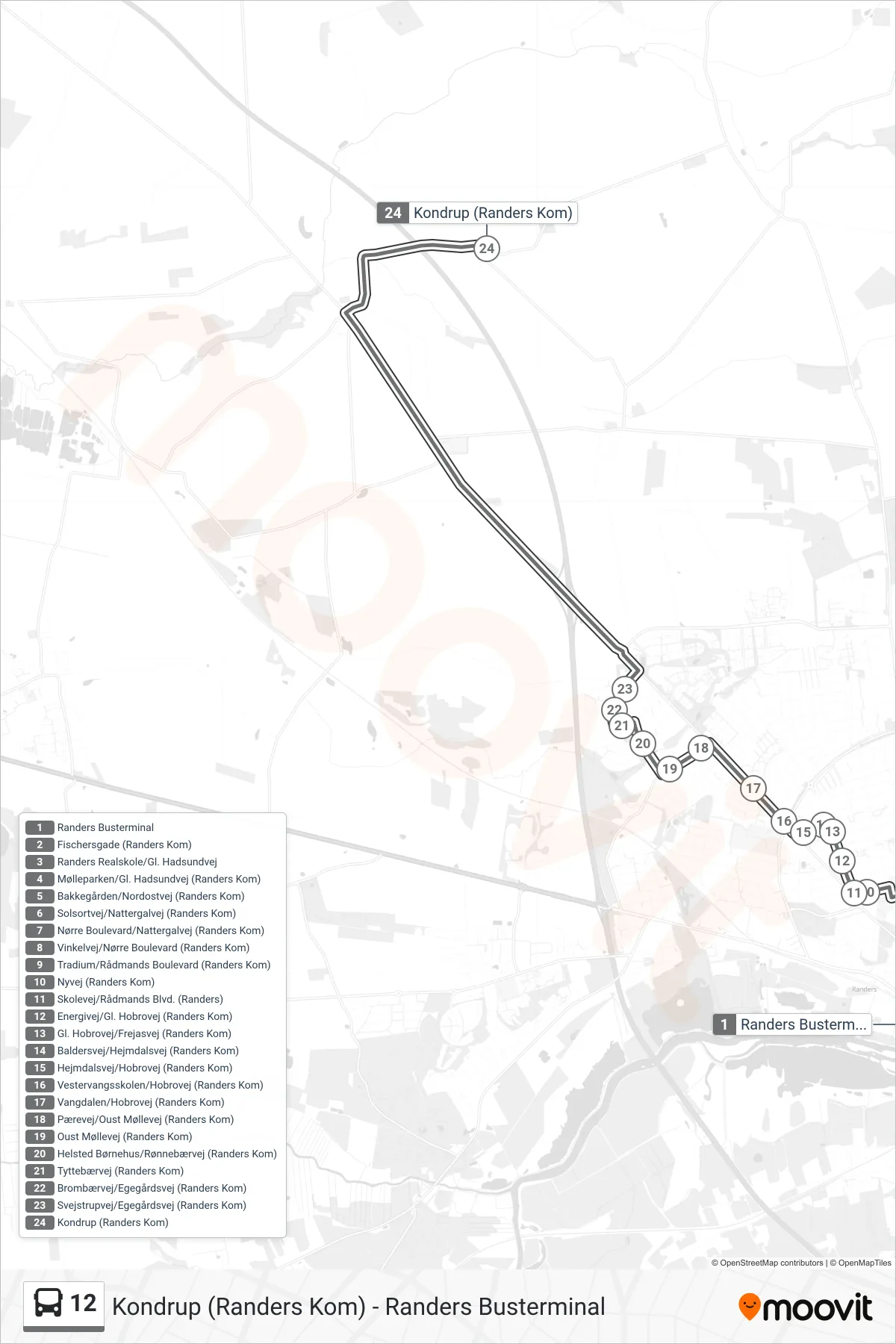 12 bus Linje (Kondrup) rute og stop på et kort