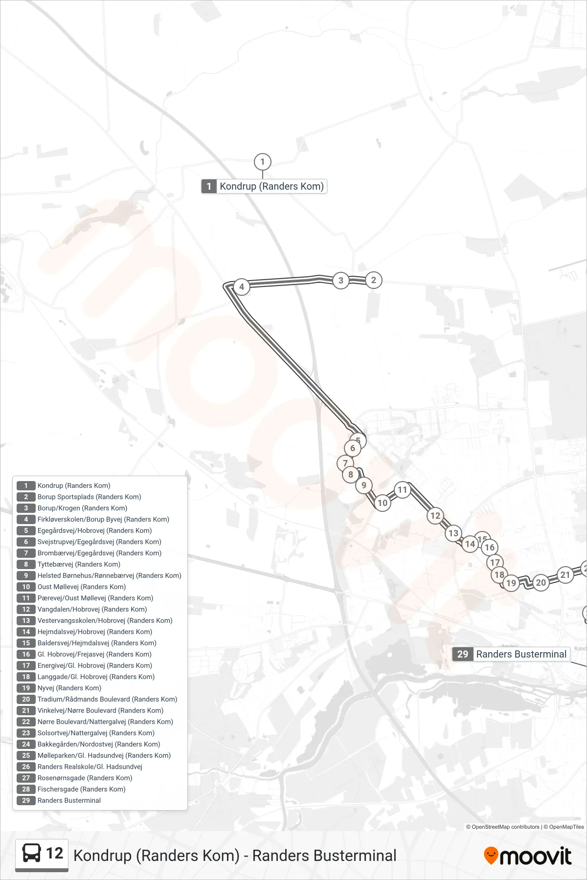 12 bus Linje (Randers Busterminal) rute og stop på et kort