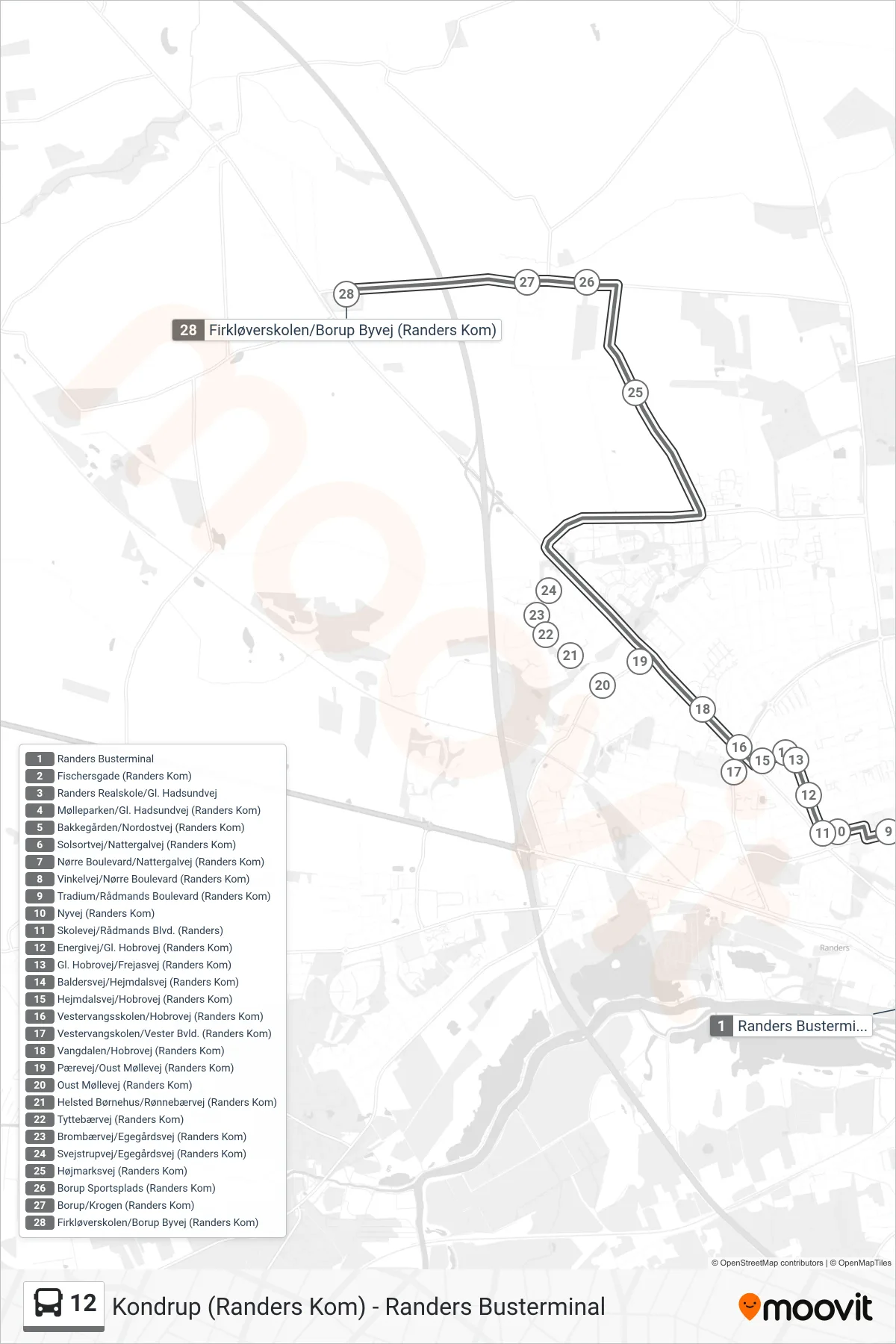 12 bus Linje (Firkløverskolen) rute og stop på et kort