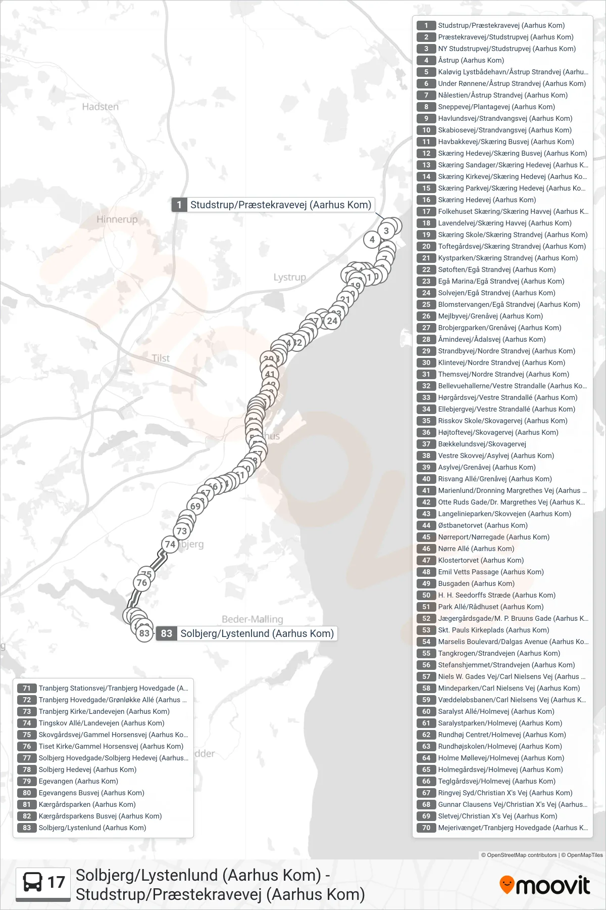17 bus Linje (Solbjerg) rute og stop på et kort