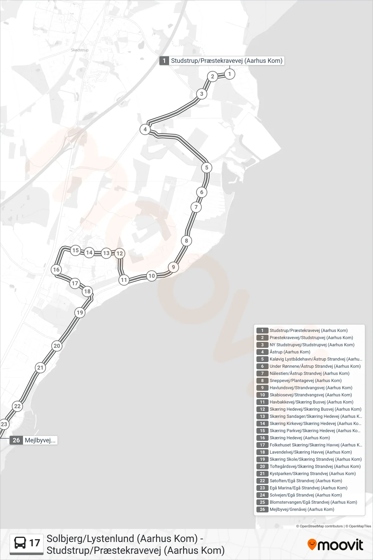 17 bus Linje (Grenåvej Mejlbyvej) rute og stop på et kort