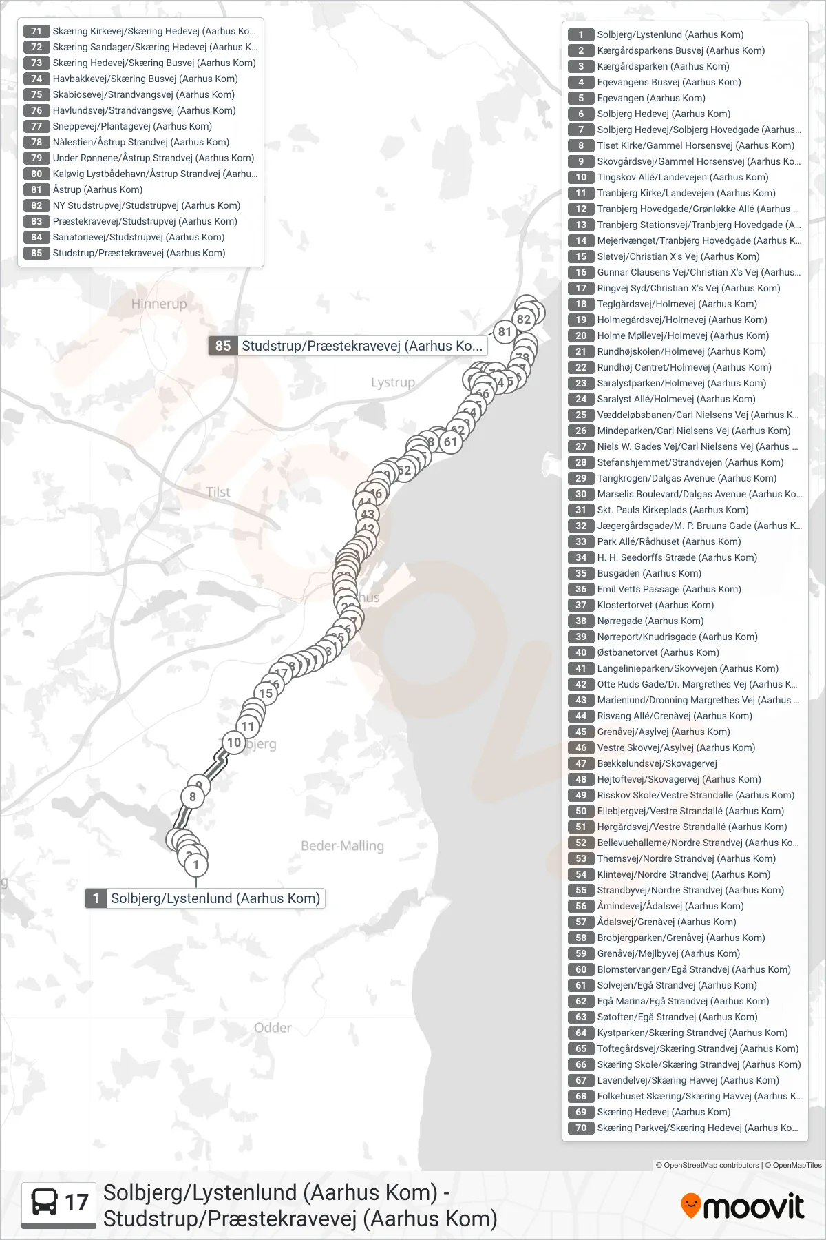 17 bus Linje (Studstrup) rute og stop på et kort