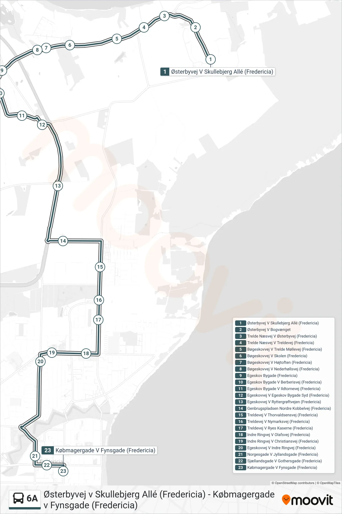 6A bus Linje (Købmagergade V Fynsgade (Fredericia)) rute og stop på et kort