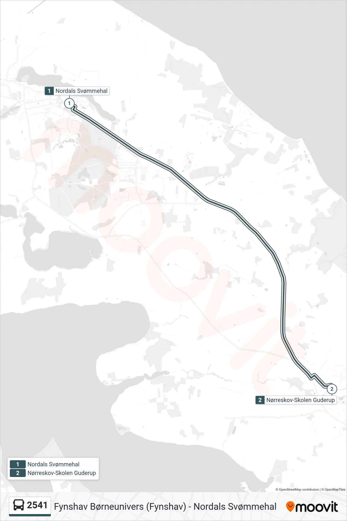 2541 bus Linje (Nørreskov-Skolen Guderup) rute og stop på et kort