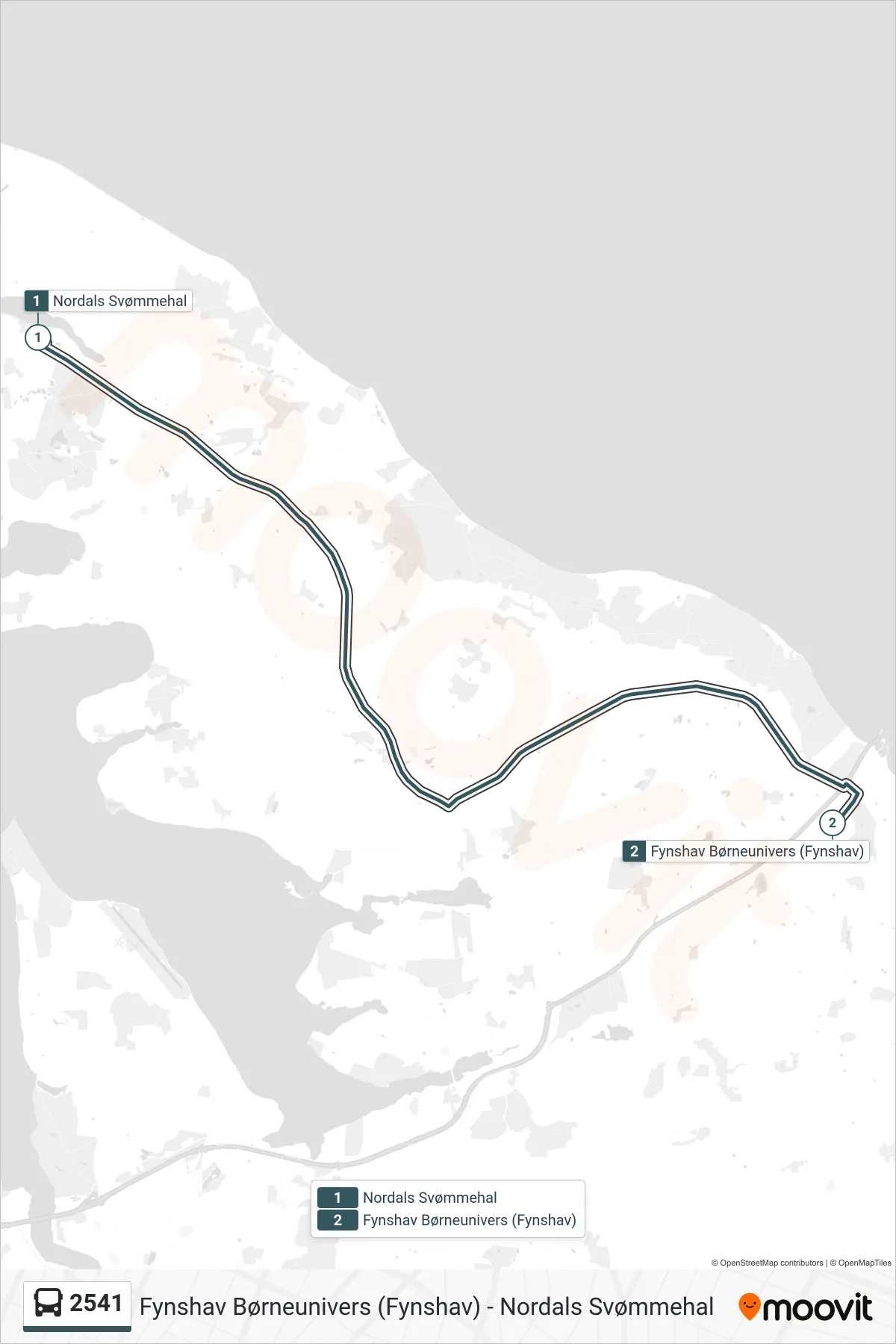 2541 bus Linje (Fynshav Børneunivers (Fynshav)) rute og stop på et kort