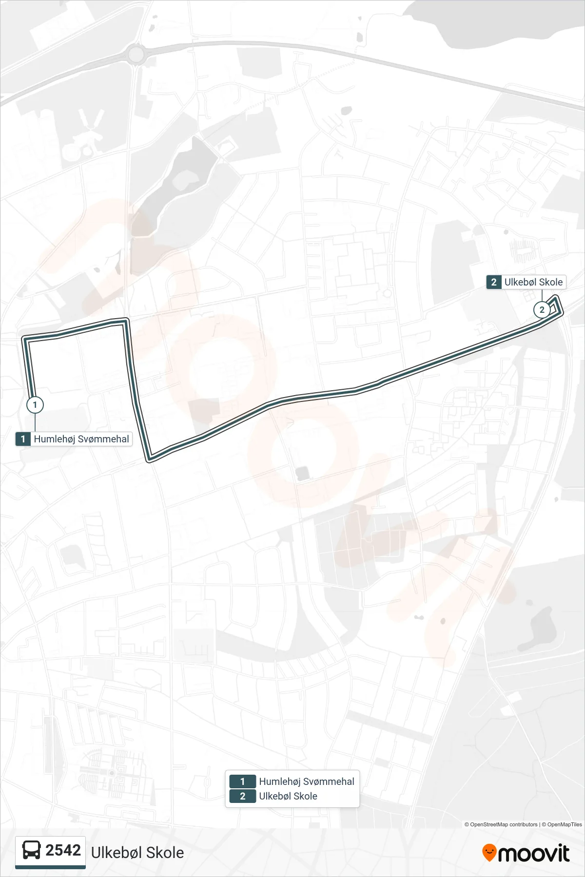 2542 bus Linje (Ulkebøl Skole) rute og stop på et kort