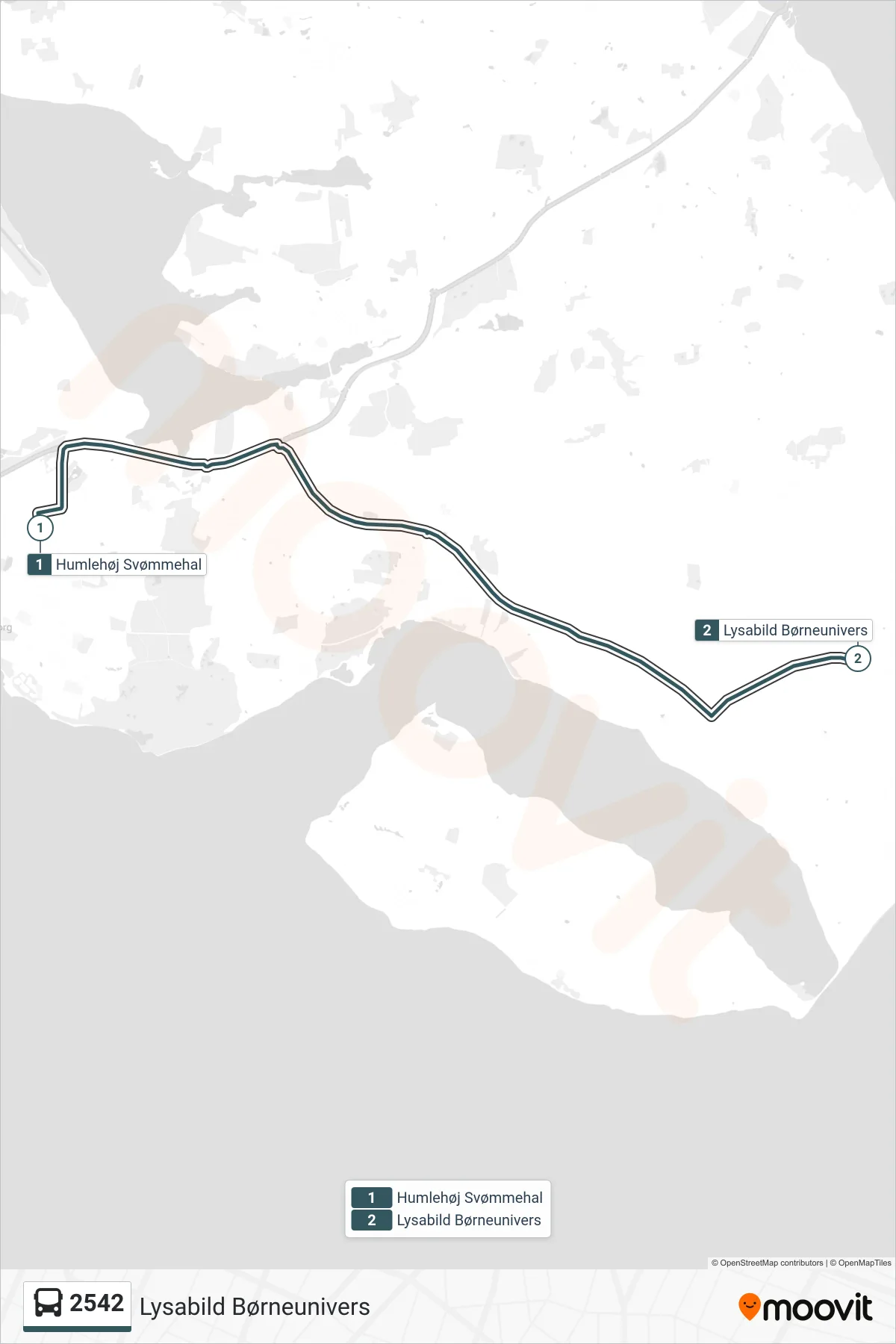 2542 bus Linje (Lysabild Børneunivers) rute og stop på et kort