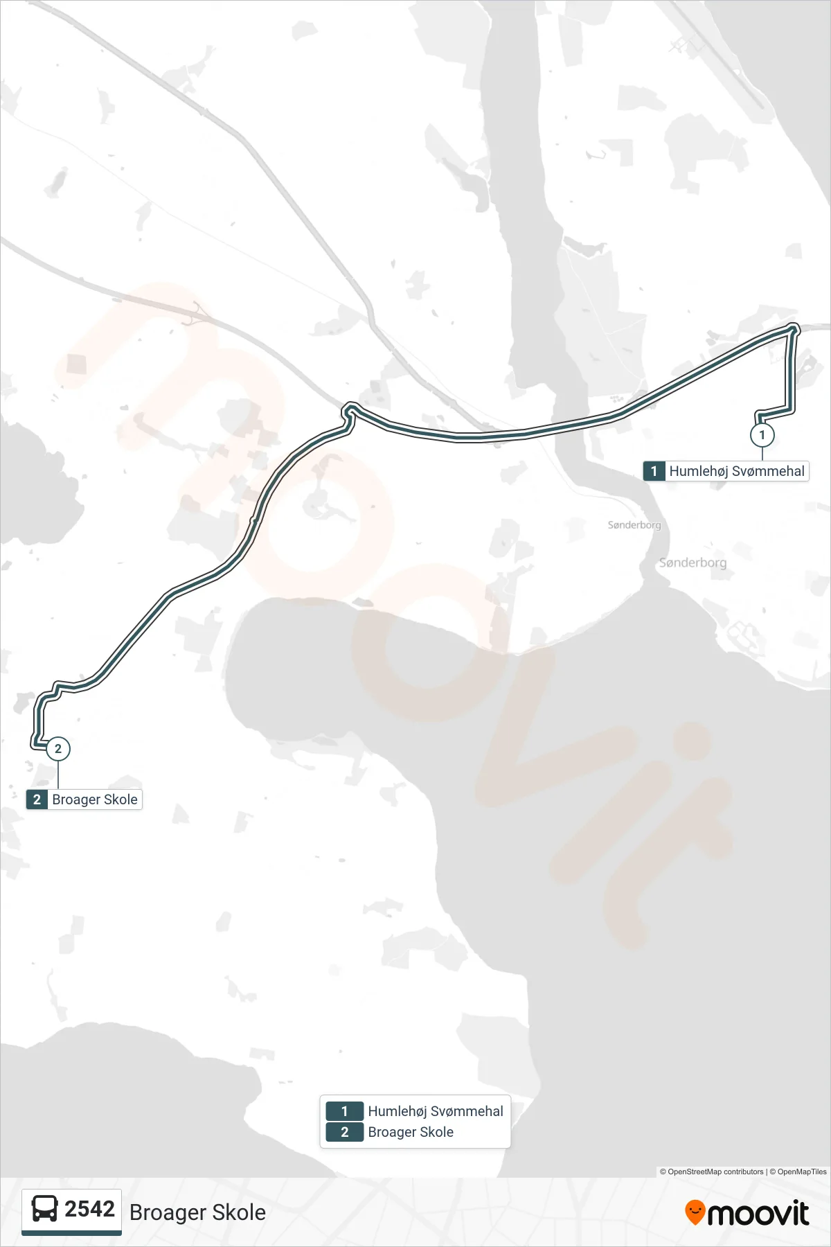 2542 bus Linje (Broager Skole) rute og stop på et kort