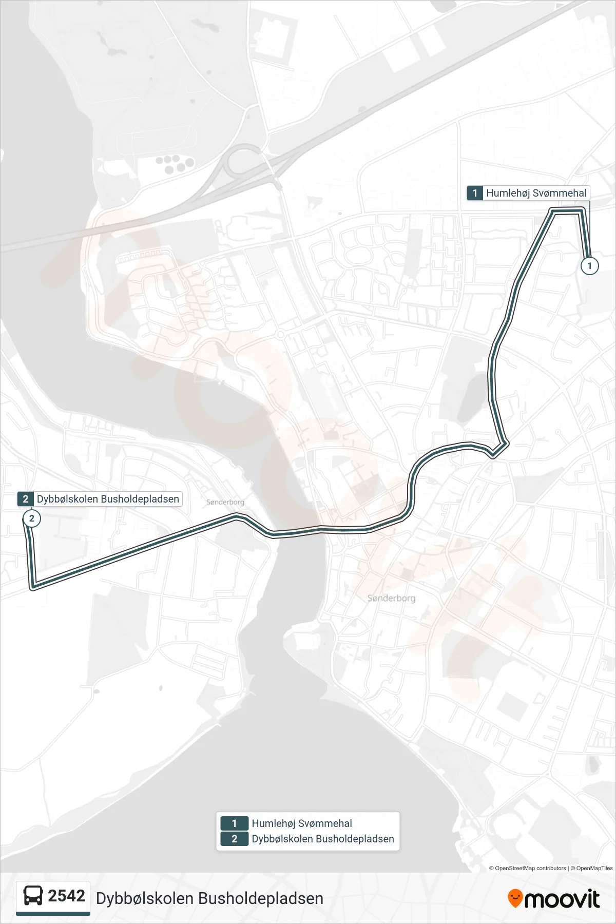 2542 bus Linje (Dybbølskolen Busholdepladsen) rute og stop på et kort