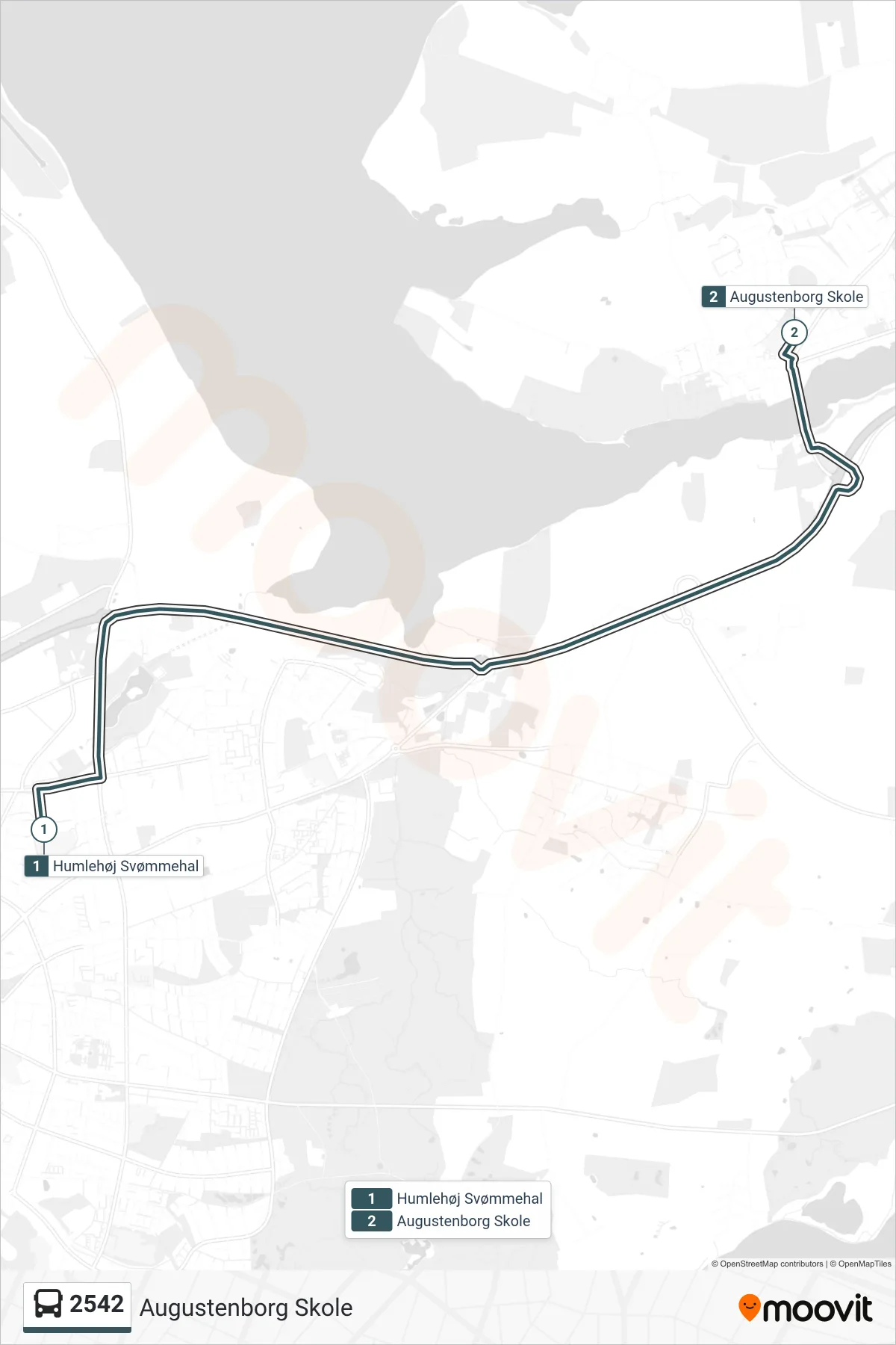 2542 bus Linje (Augustenborg Skole) rute og stop på et kort