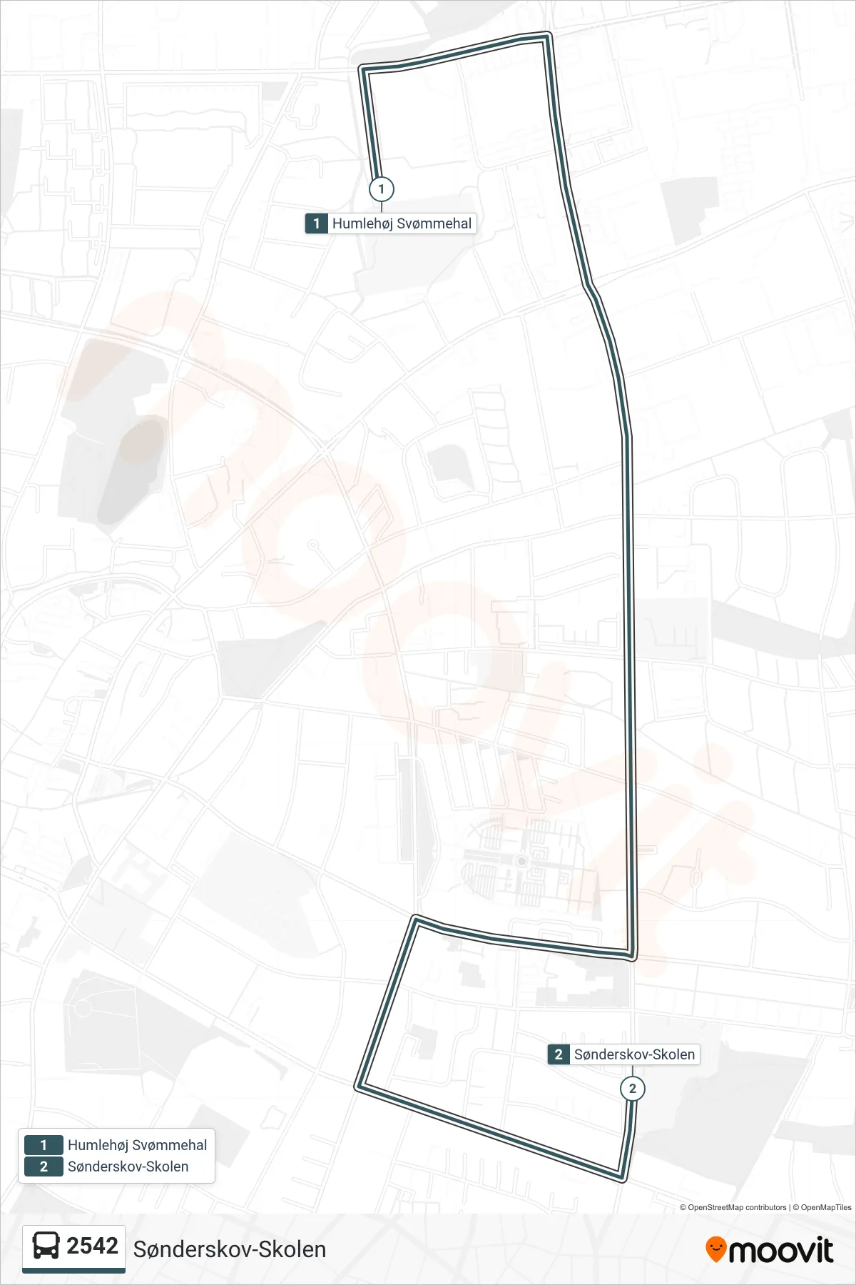 2542 bus Linje (Sønderskov-Skolen) rute og stop på et kort