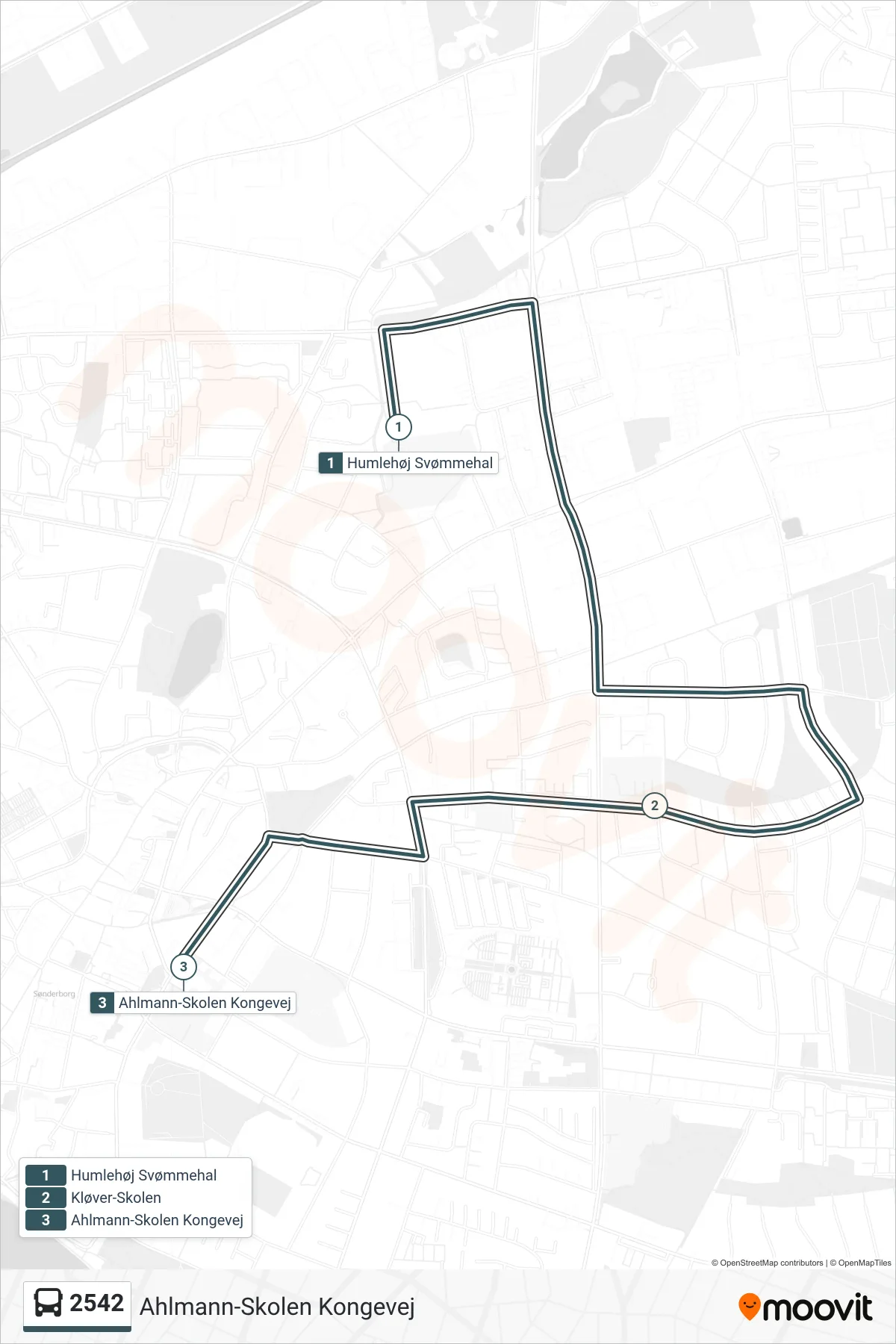 2542 bus Linje (Ahlmann-Skolen Kongevej) rute og stop på et kort