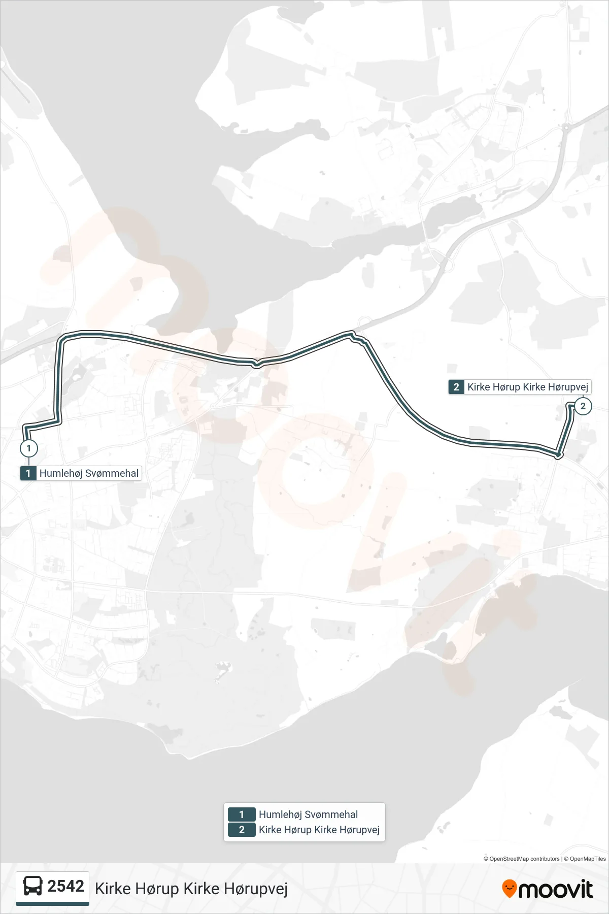 2542 bus Linje (Kirke Hørup Kirke Hørupvej) rute og stop på et kort