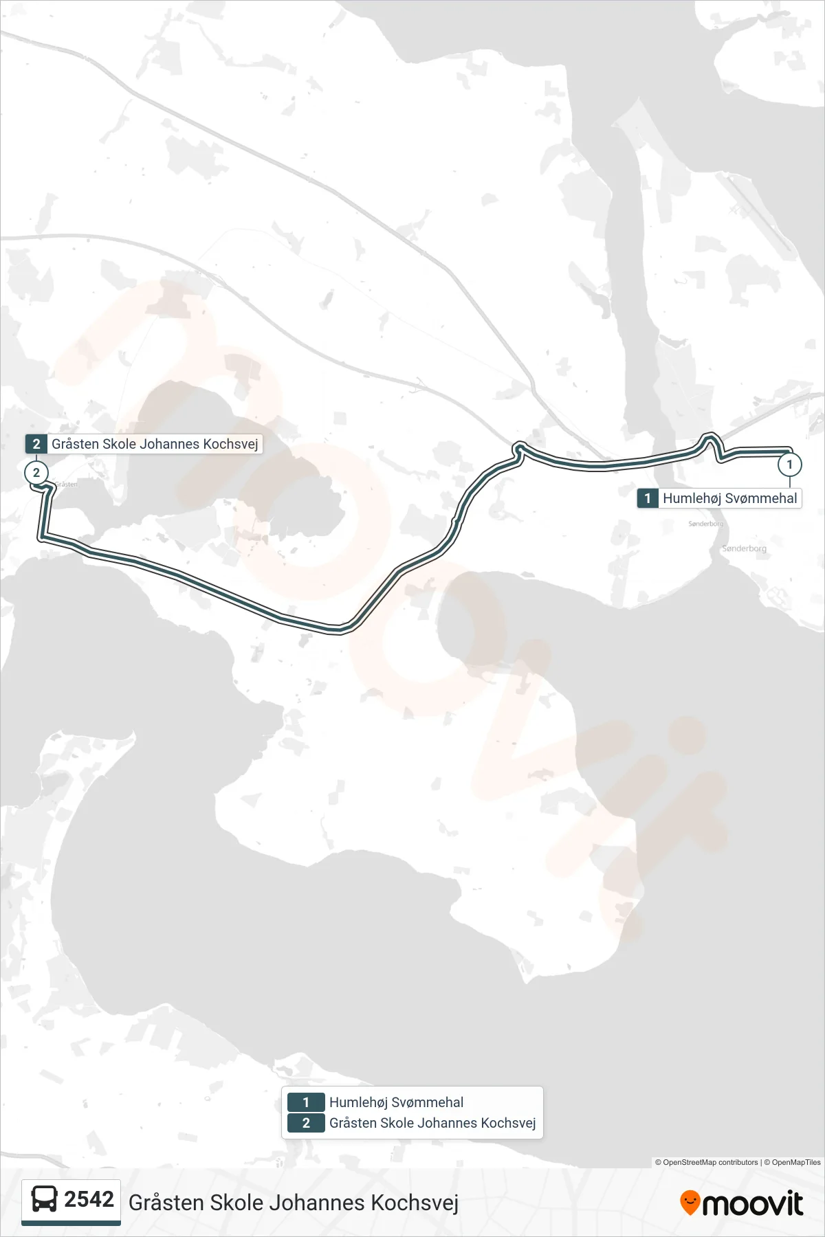 2542 bus Linje (Gråsten Skole Johannes Kochsvej) rute og stop på et kort