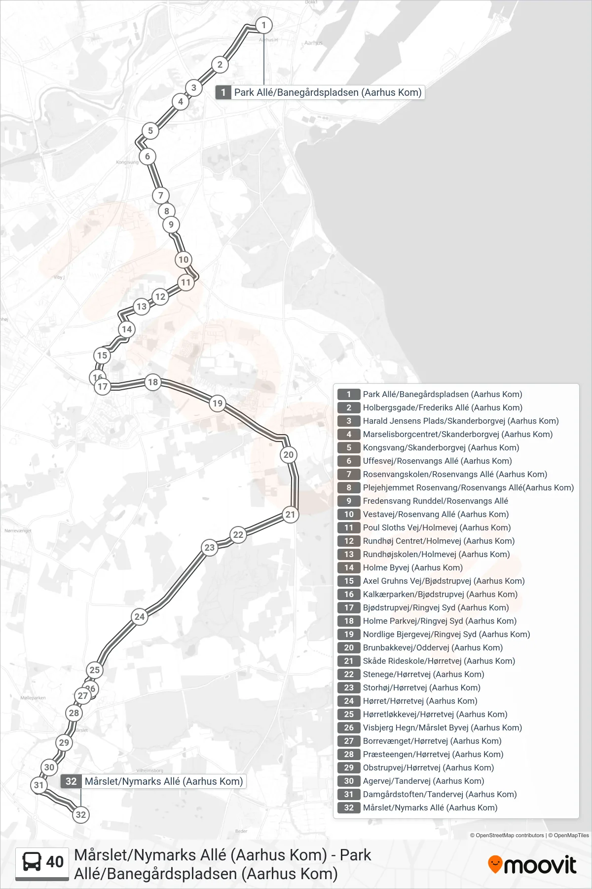 40 bus Linje (Natbus Mårslet) rute og stop på et kort